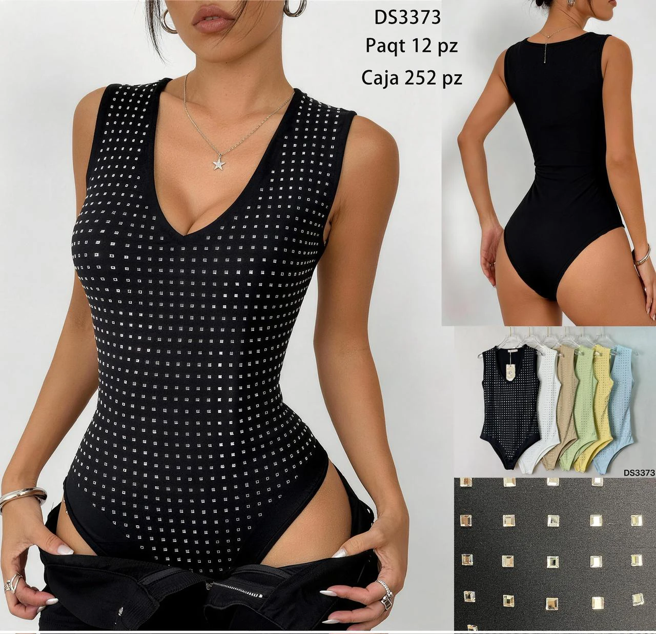 Body sin mangas con cuello en V y detalles de pedrería-DS3373