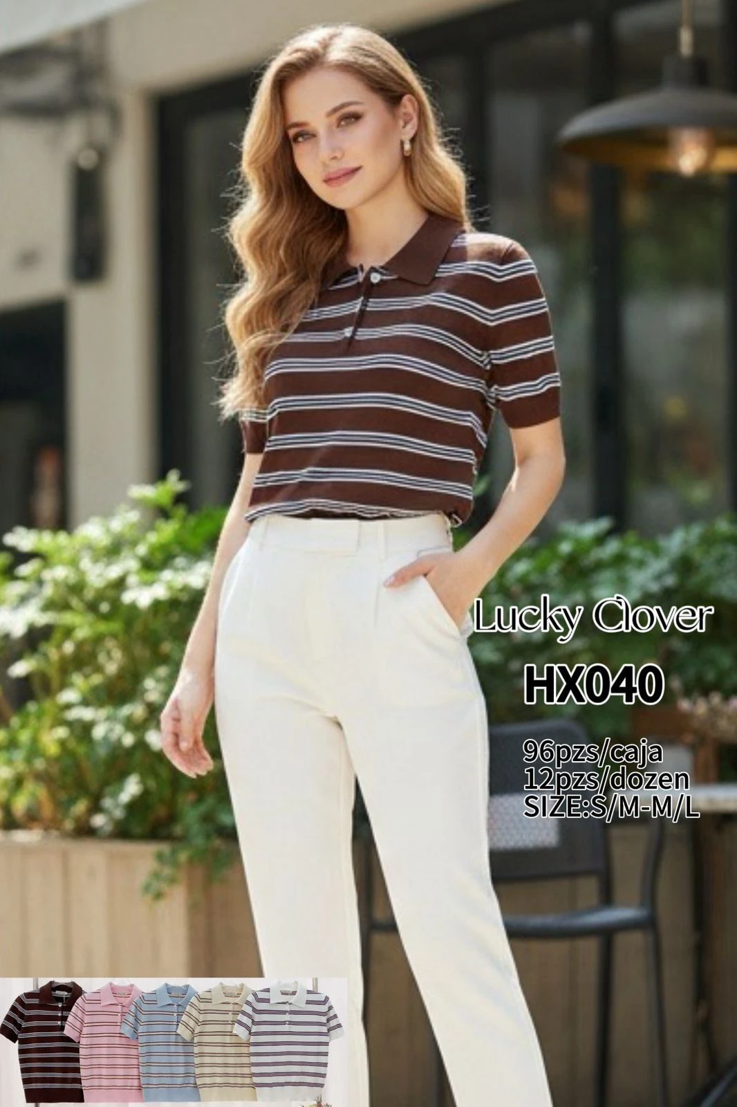Playera polo a rayas para mujer-HX040