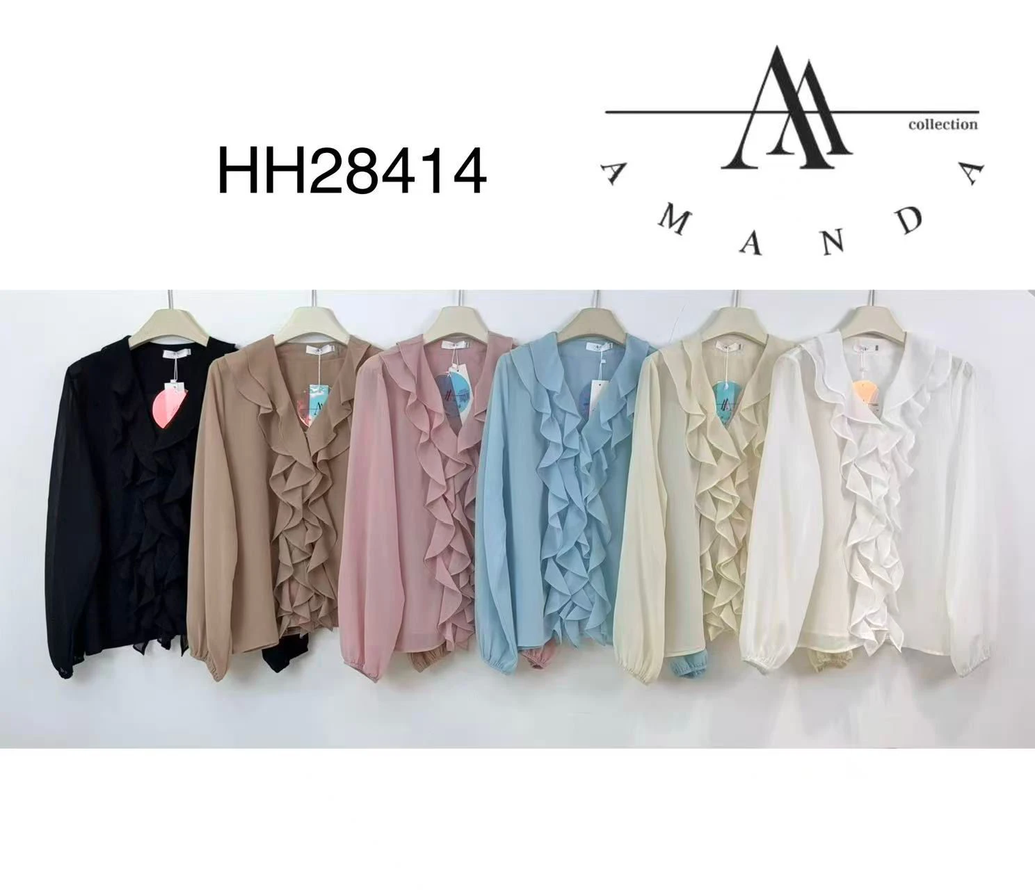 Blusa de mujer con volantes y manga larga-HH28414