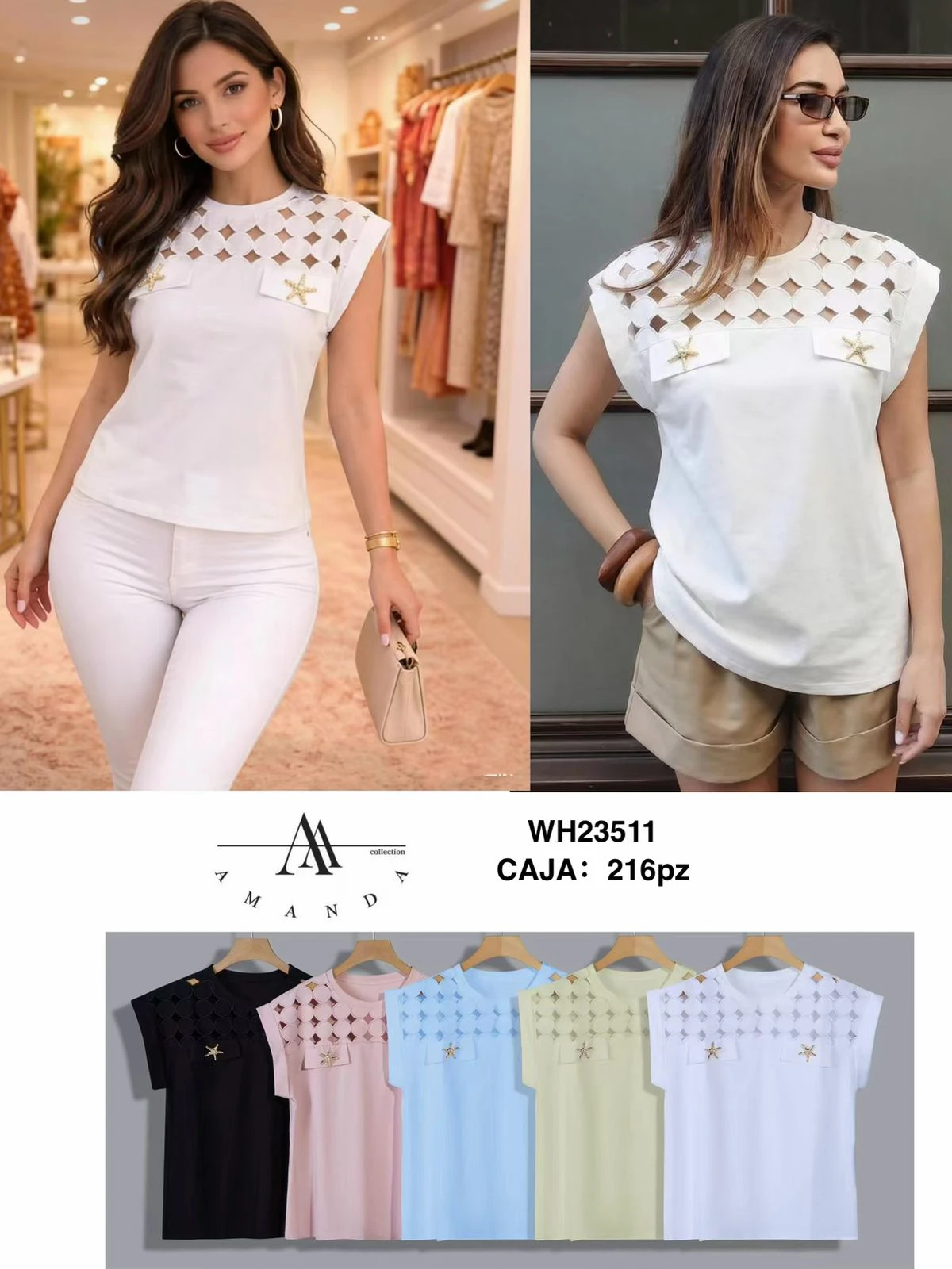 Blusa sin mangas con diseño calado y apliques de estrella de mar-WH23511