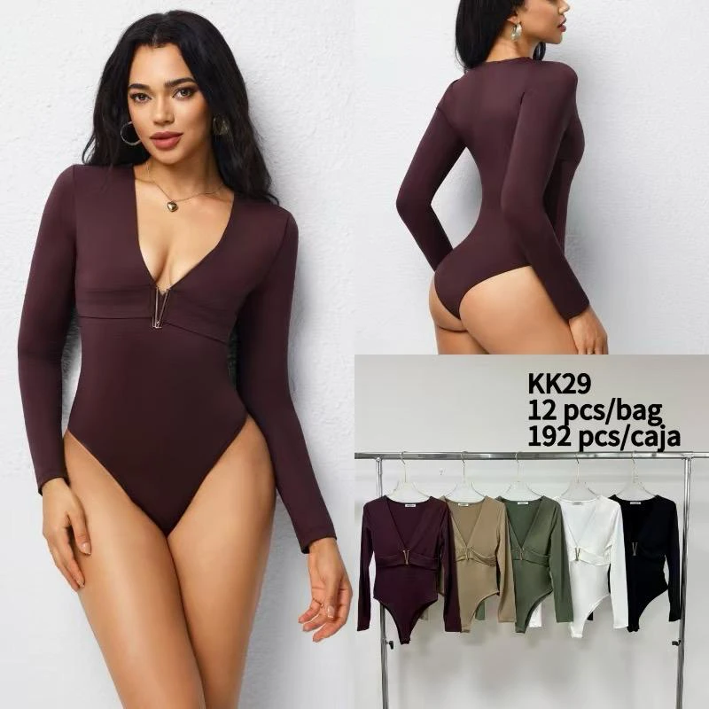 Body de manga larga con cremallera y escote en V-KK29
