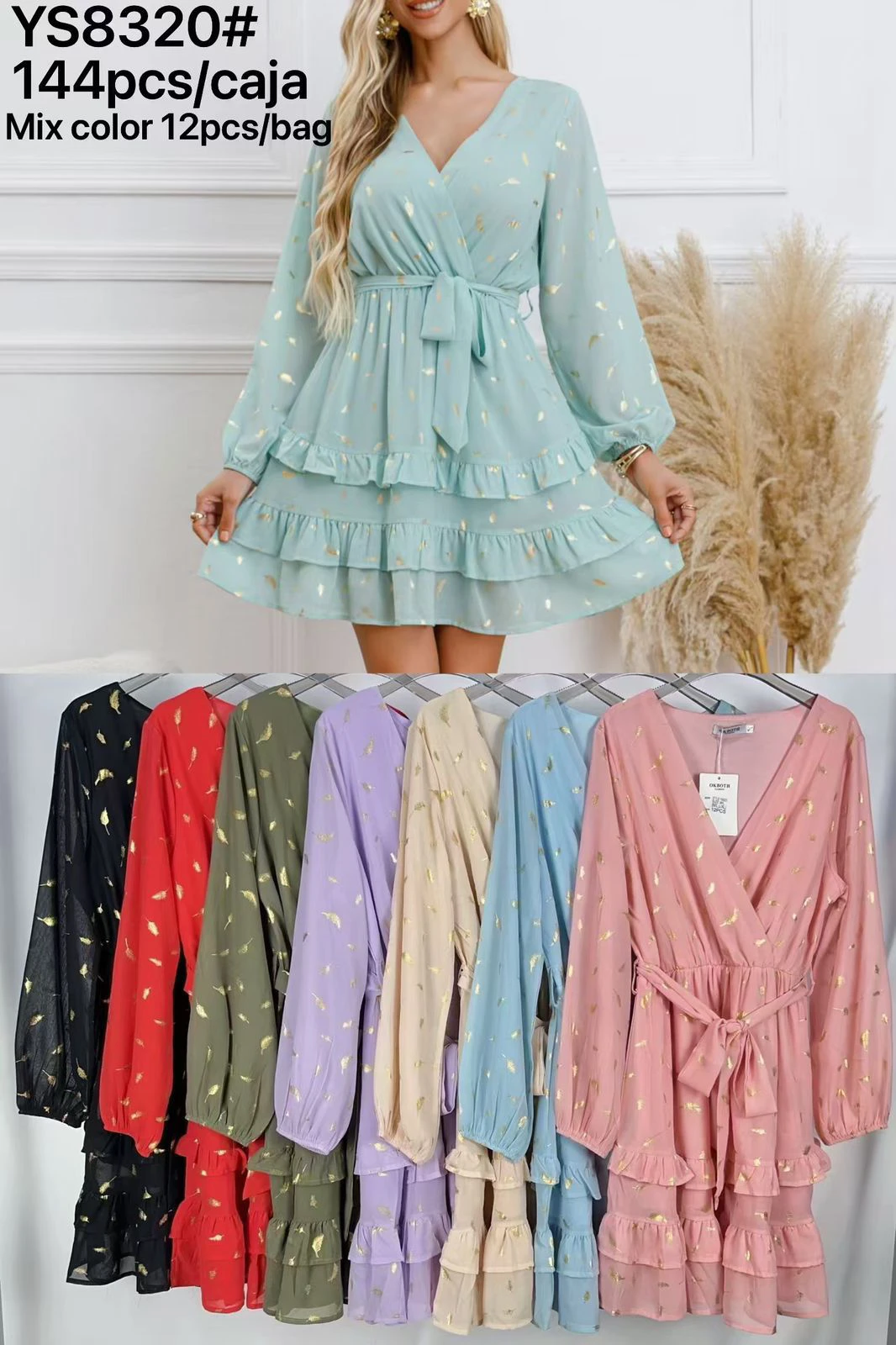 Vestido mini de gasa con volantes y estampado de plumas doradas-YS8320