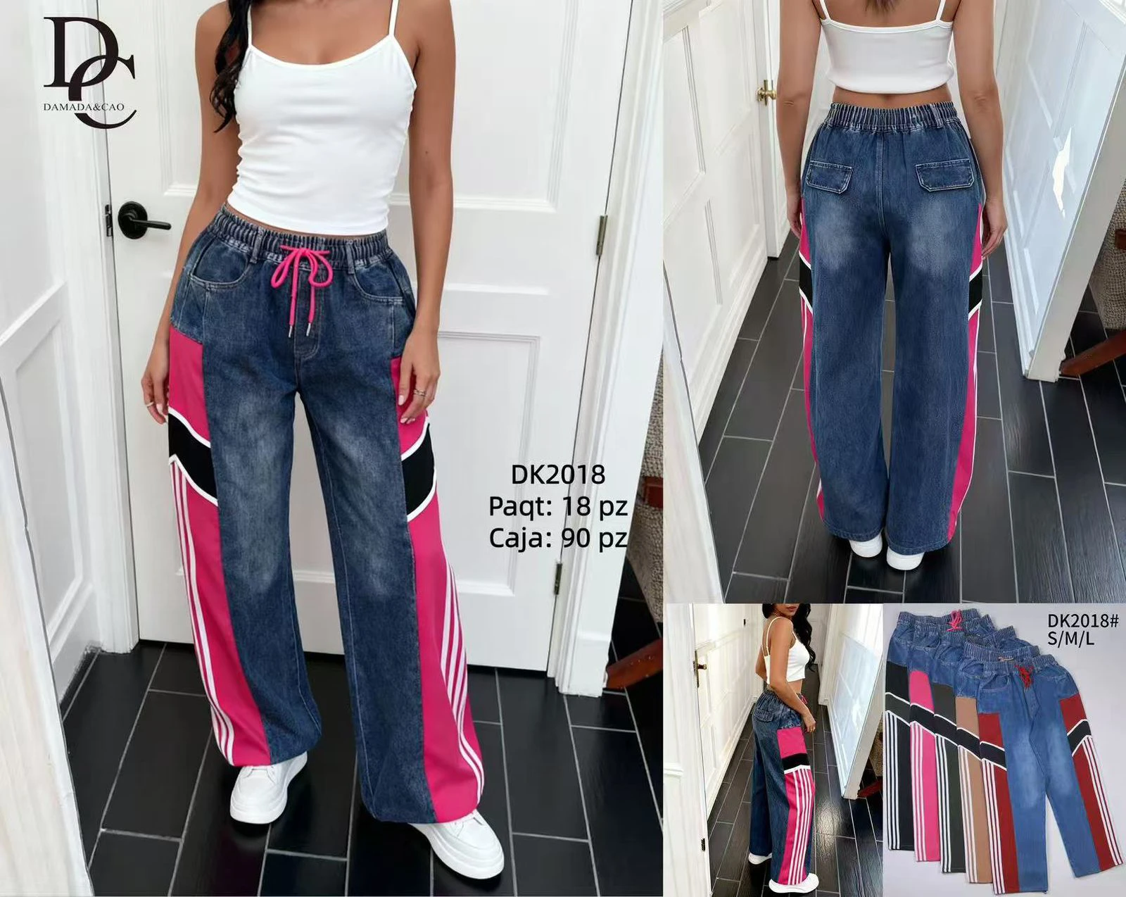 Jeans con bloques de color y rayas laterales-DK2018