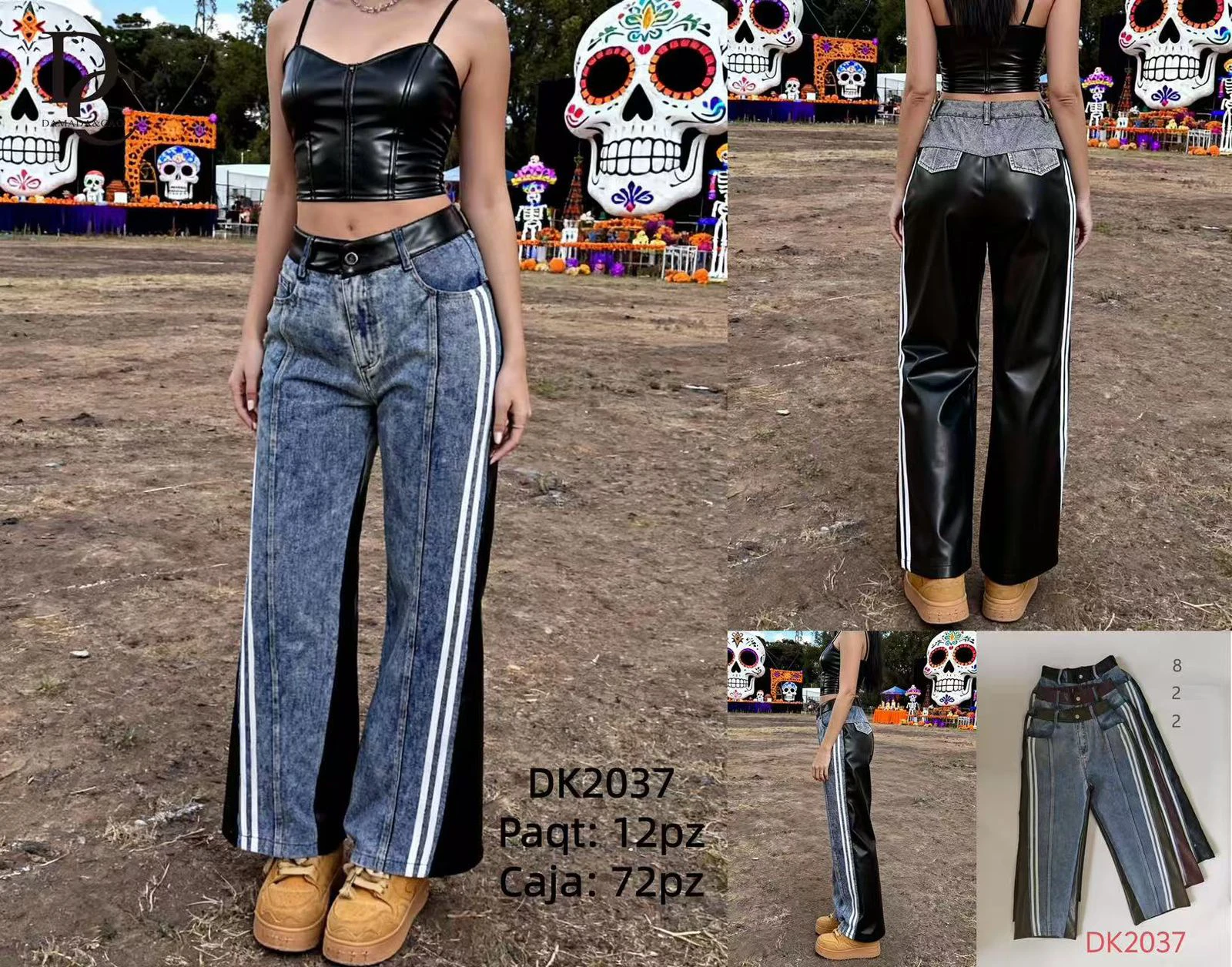 Pantalón corte acampanado con panel lateral y rayas-DK2037