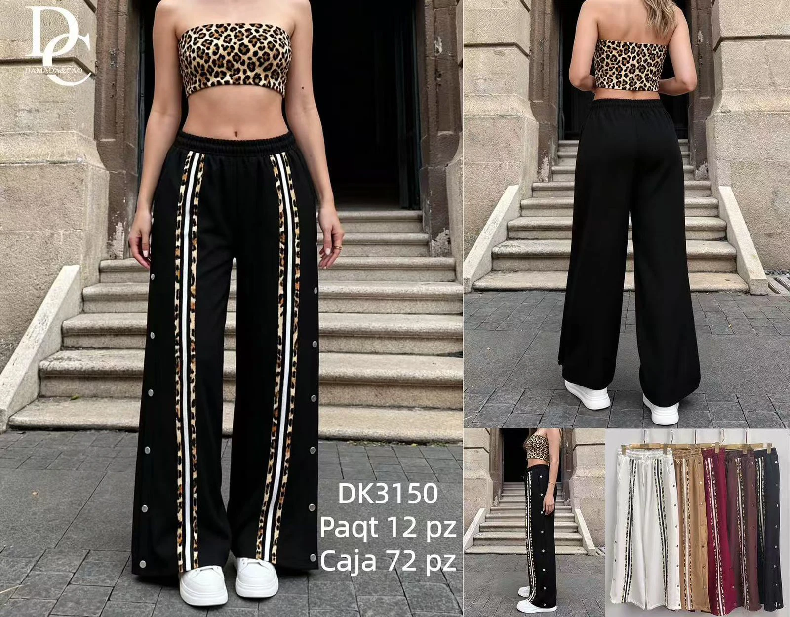 Pantalón de pierna ancha con broches laterales y estampado-DK3150