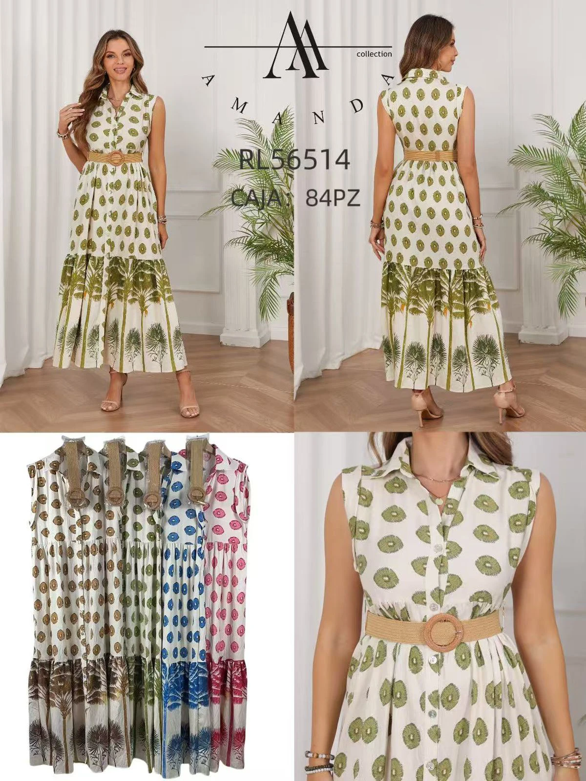 Vestido camisero largo con estampado de puntos y palmeras-RL56514