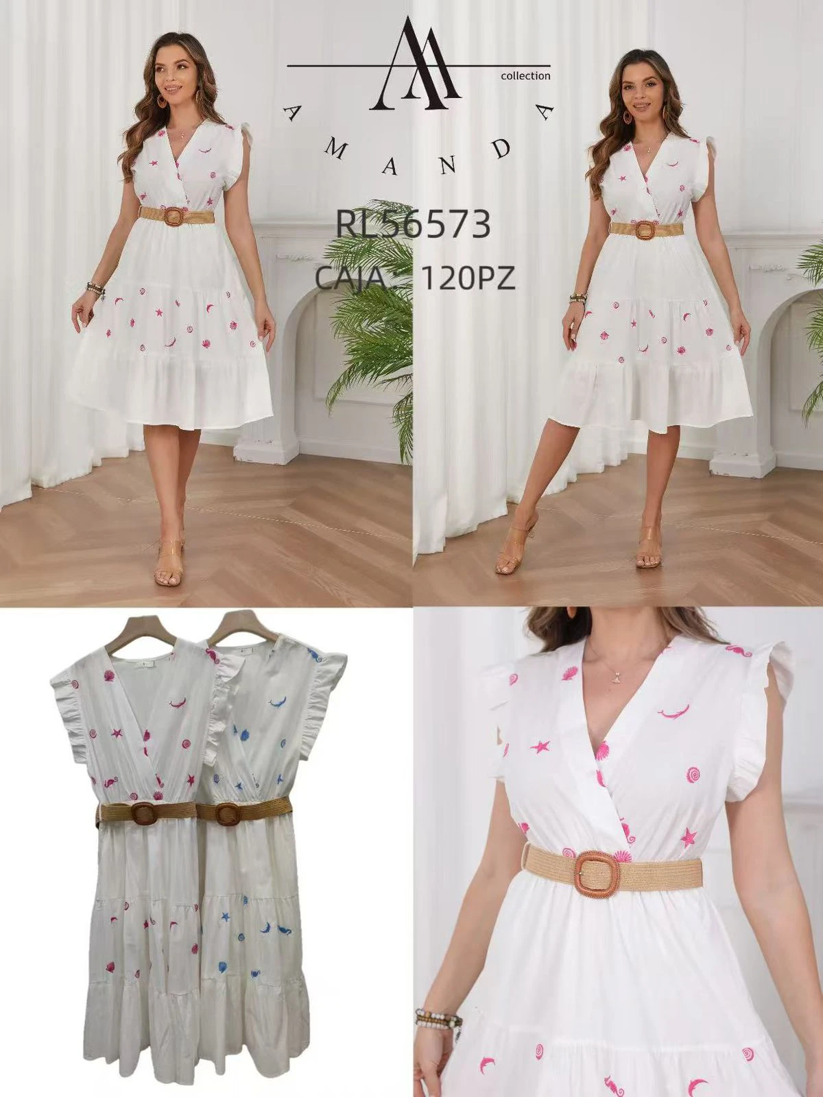 Vestido Casual de Verano con Estampado y Cinturón Trenzado-RL56573