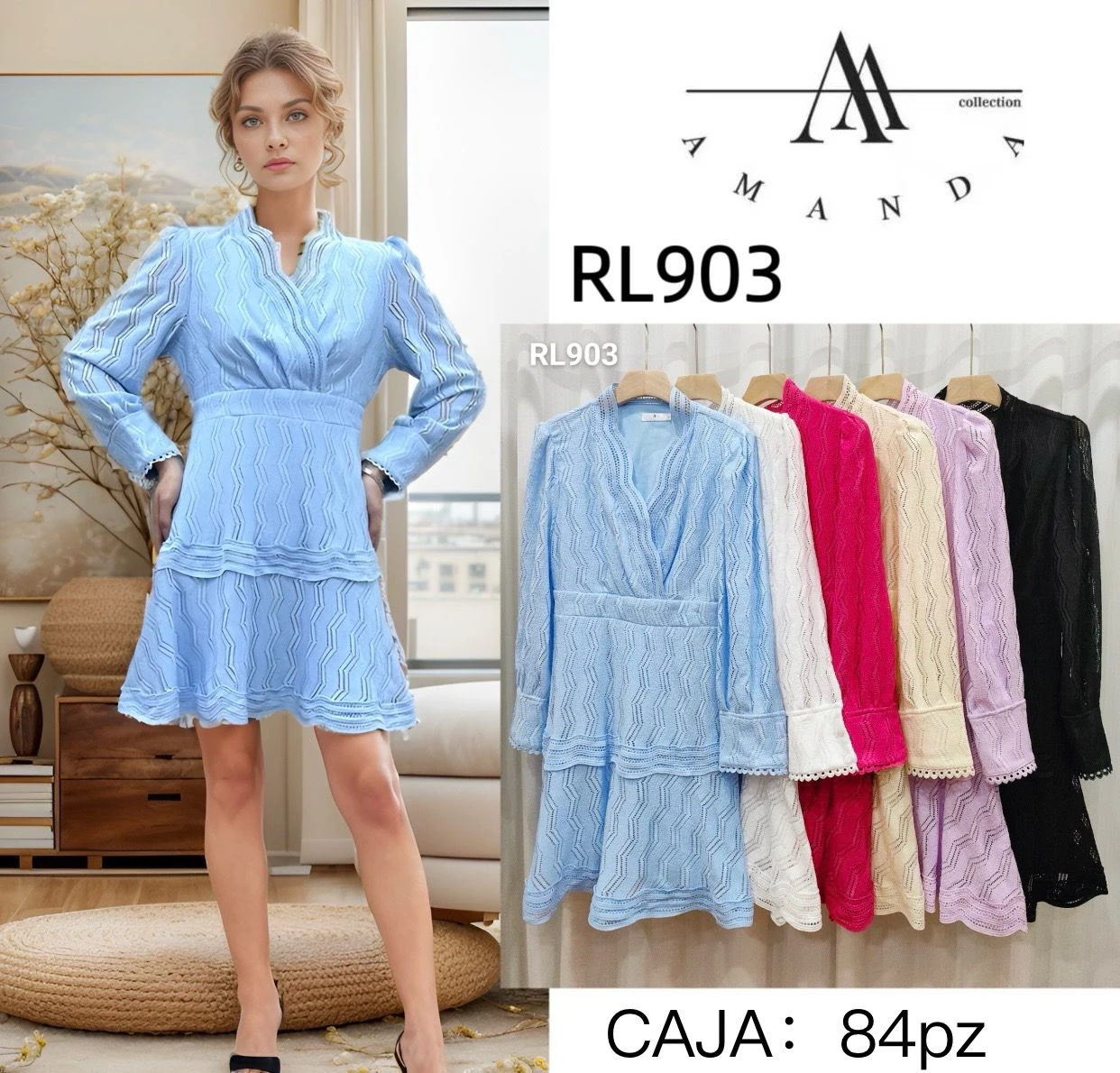 Vestido corto de encaje con mangas largas-RL903
