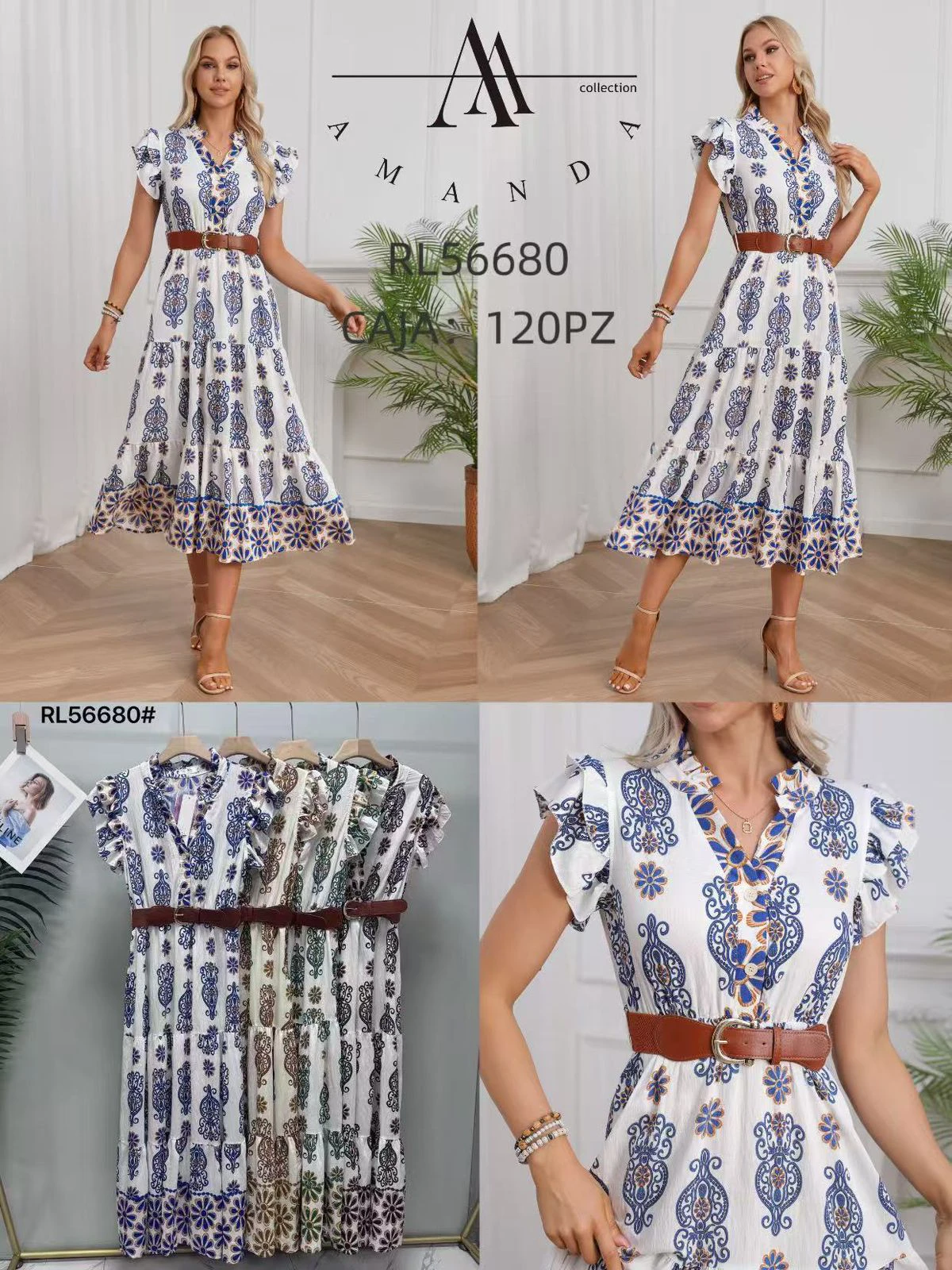 Vestido estampado con mangas de volantes y cinturón-RL56680