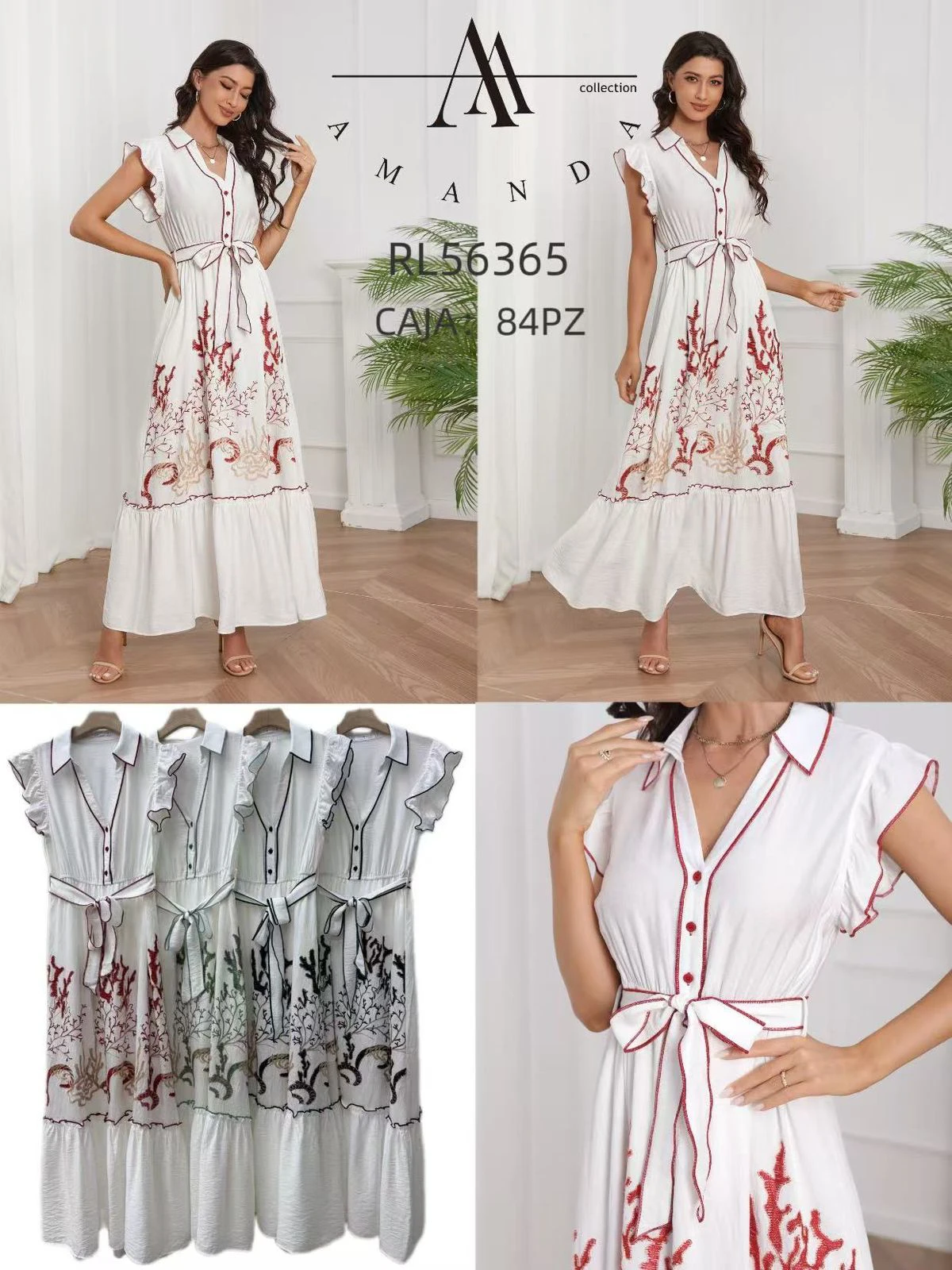 Vestido largo con bordado de estilo coral y lazo en la cintura-RL56365