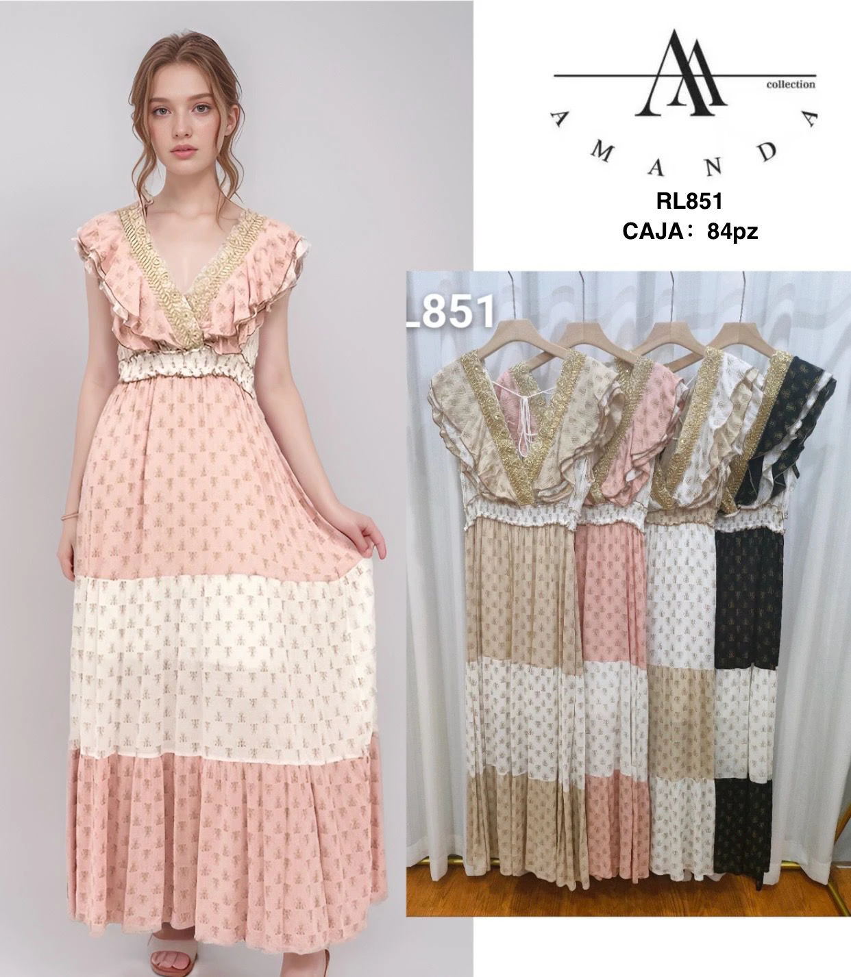 Vestido largo con cuello en V y volantes-RL851