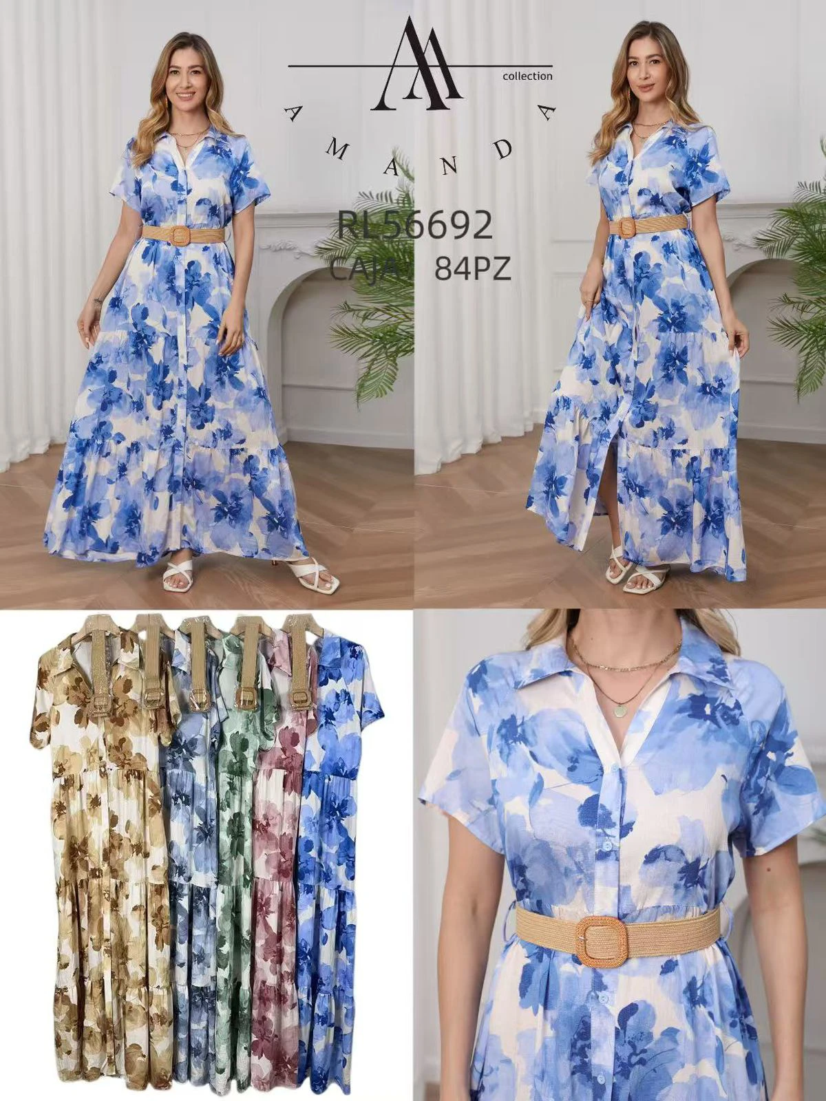 Vestido largo con estampado floral y cinturón-RL56692