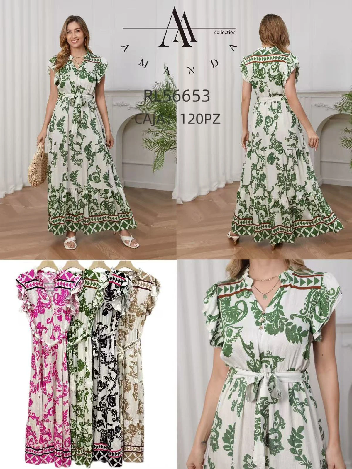 Vestido largo con estampado y cinturón-RL56653
