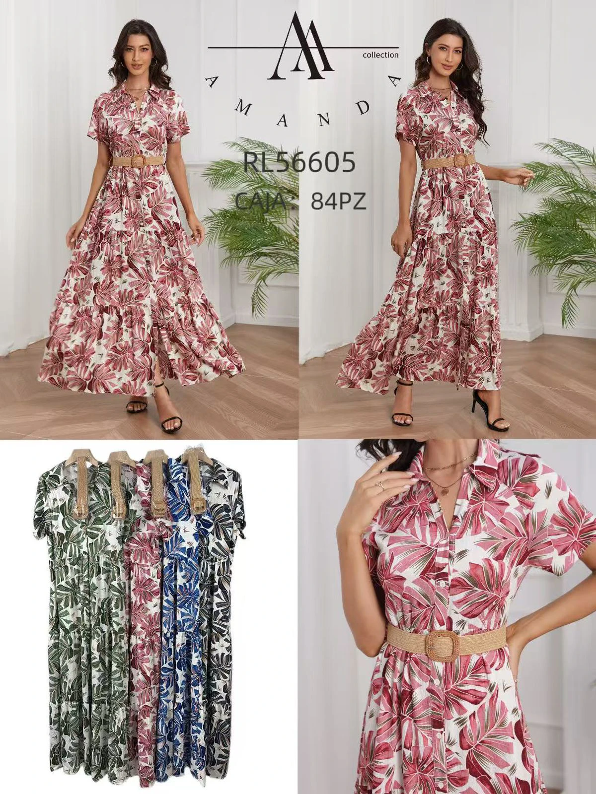 Vestido largo estampado con botones y cinturón-RL56605