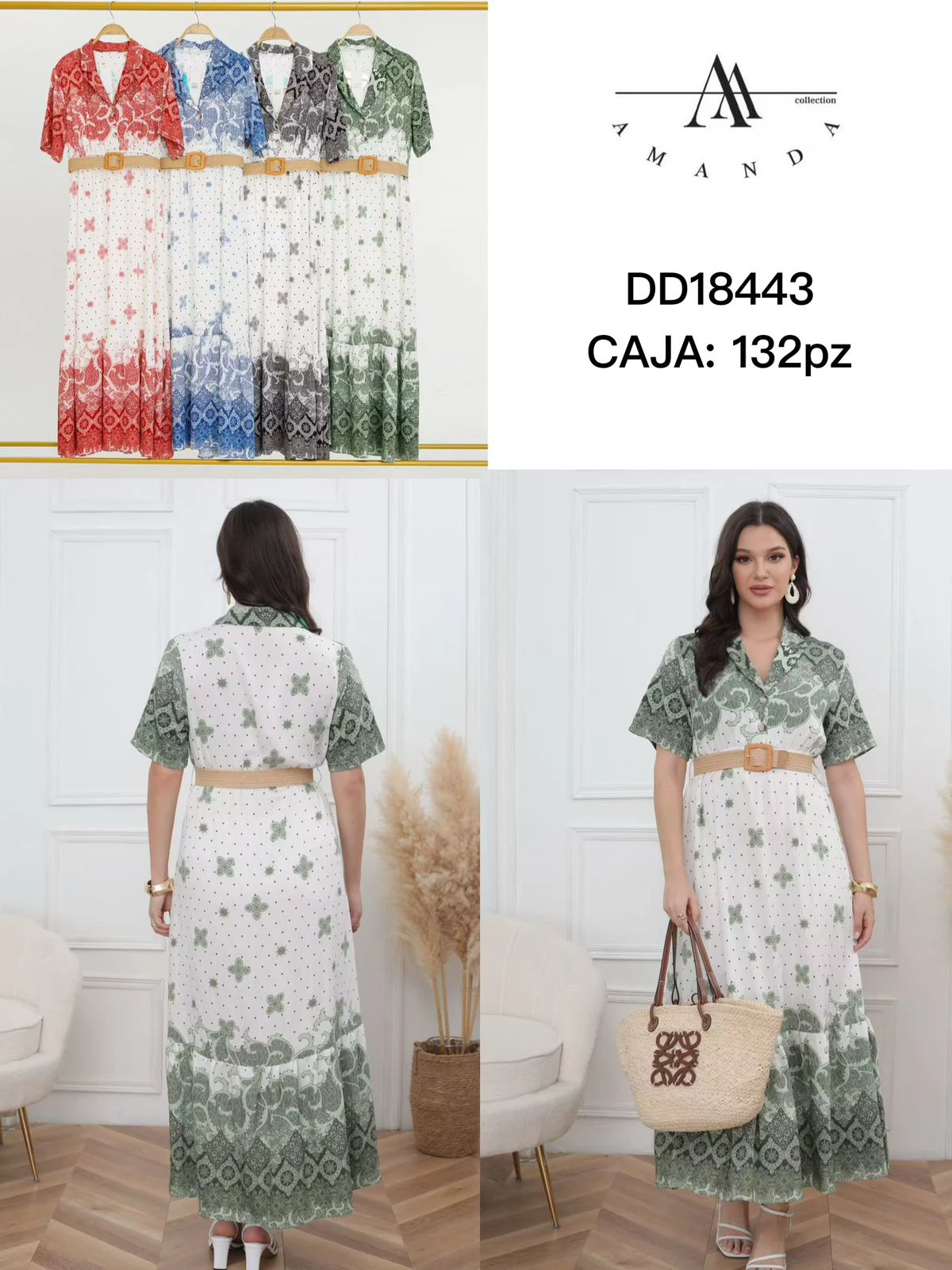Vestido largo estampado con cinturón-DD18443