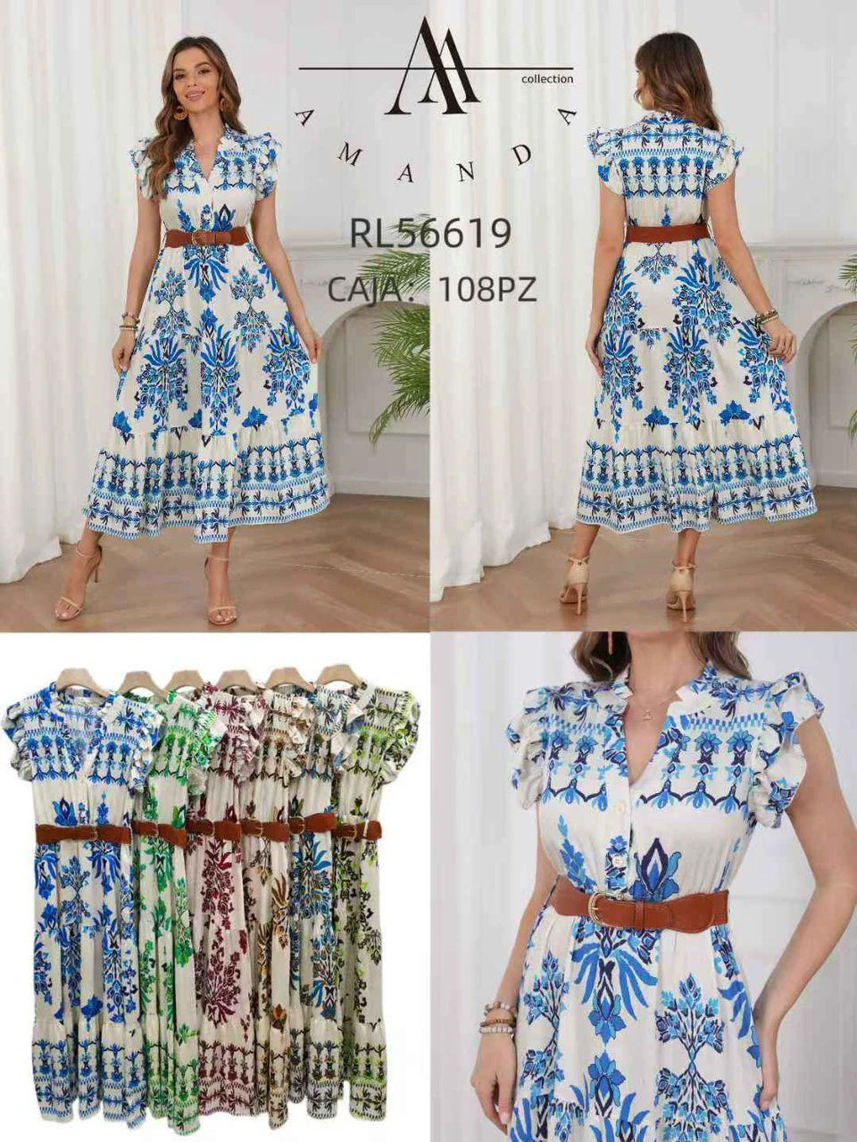 Vestido largo estampado con cinturón-RL56619