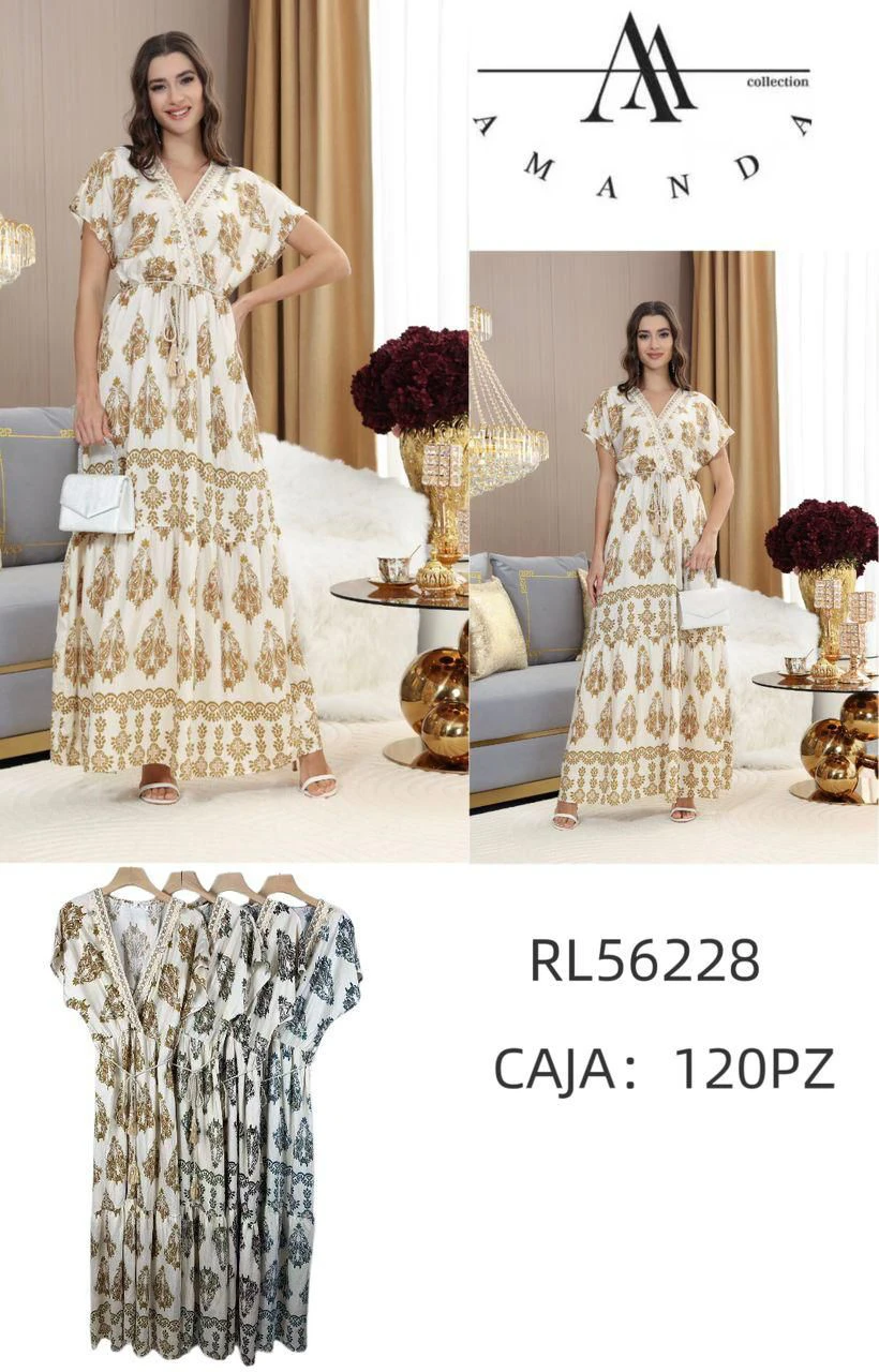 Vestido largo estampado con cuello V y manga corta-RL56228