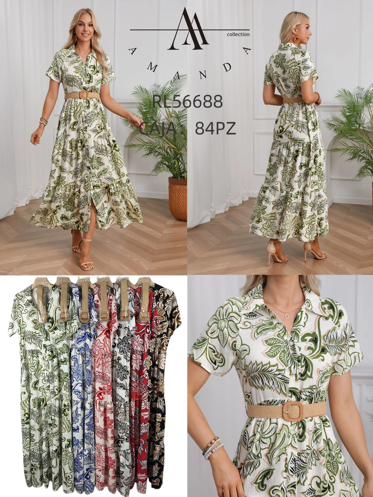 Vestido largo estampado con cuello y cinturón-RL56688