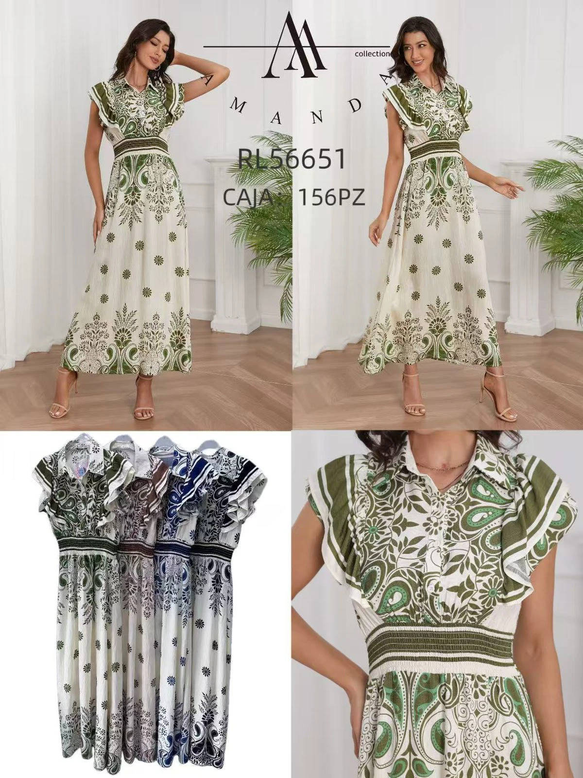 Vestido largo estampado con cuello y manga corta-RL56651