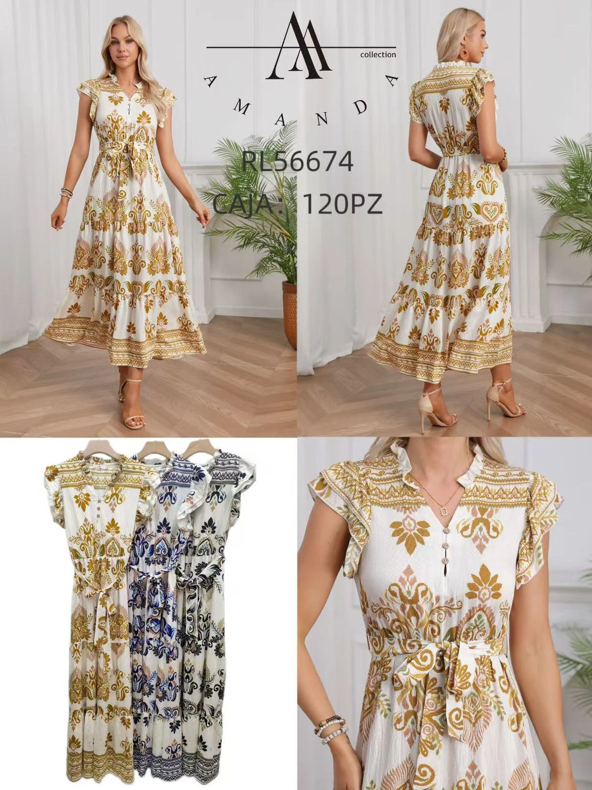 Vestido largo estampado con vuelo y lazo en la cintura-PL56674