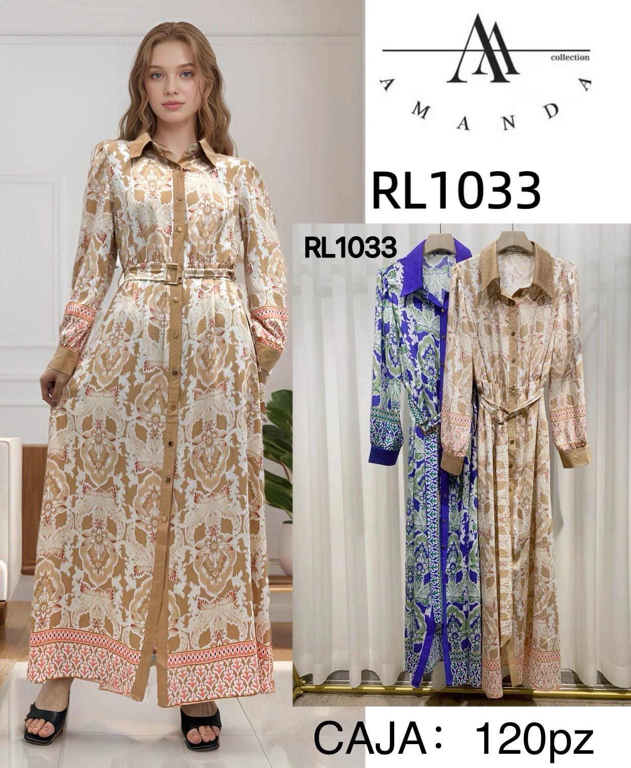 Vestido largo estampado tipo camisero con cinturón-RL1033