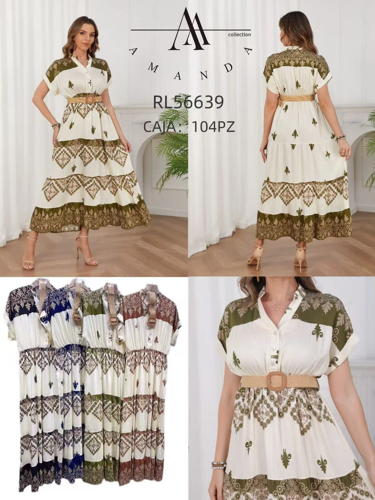 Vestido largo estilo camisero con estampado y cinturón-RL56639