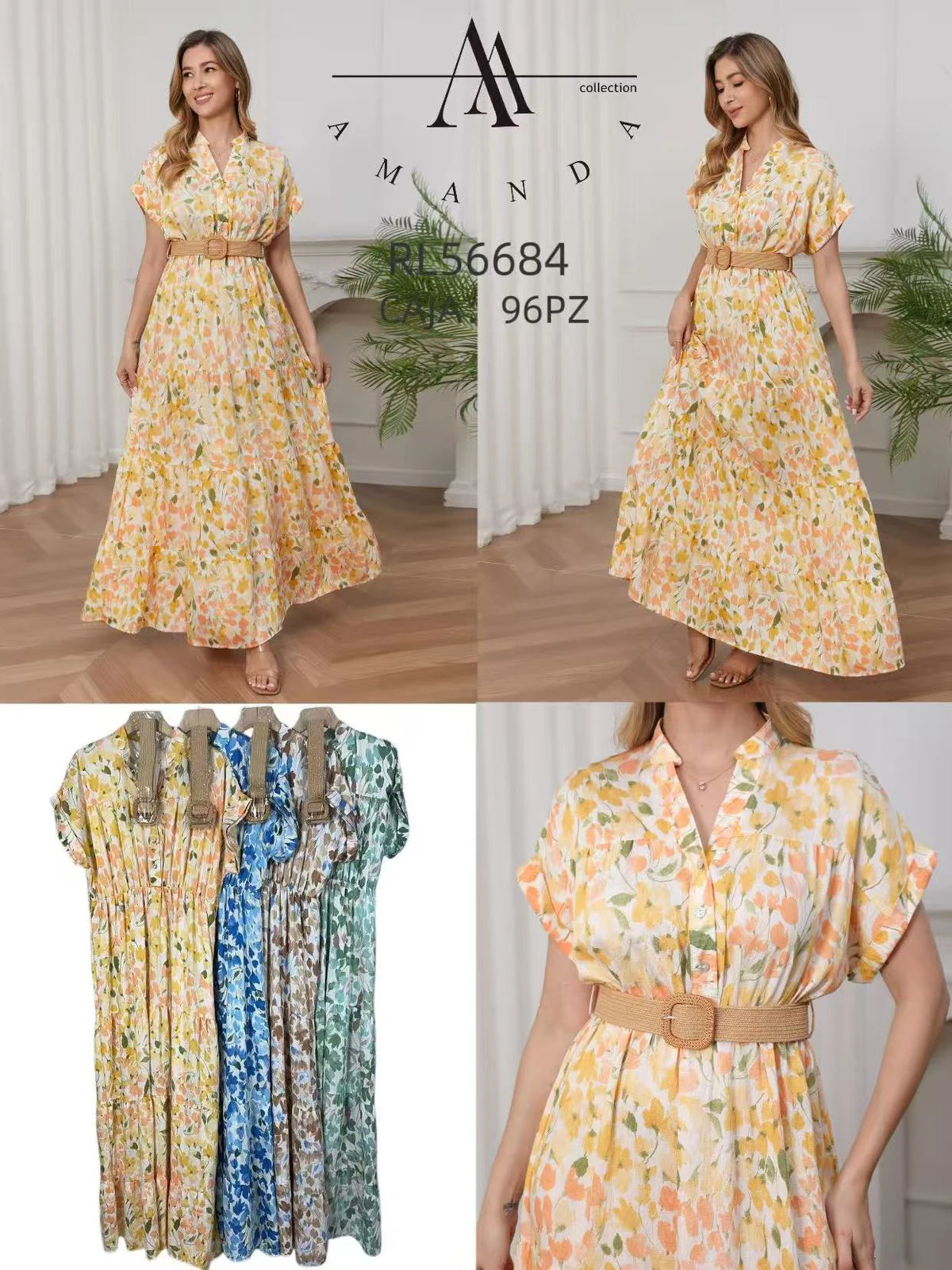 Vestido largo floral con cuello en V y cinturón-RL56684