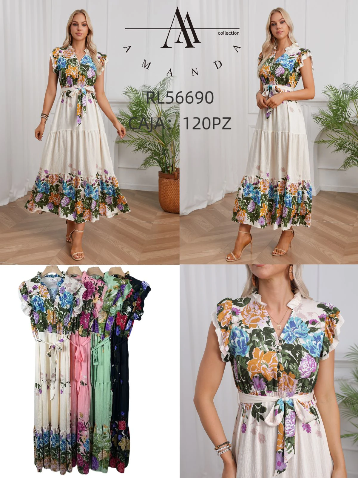 Vestido largo floral con cuello V y volantes-RL56690