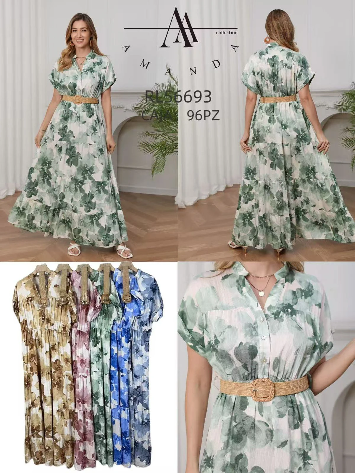 Vestido largo floral con cuello y cinturón-RL56693