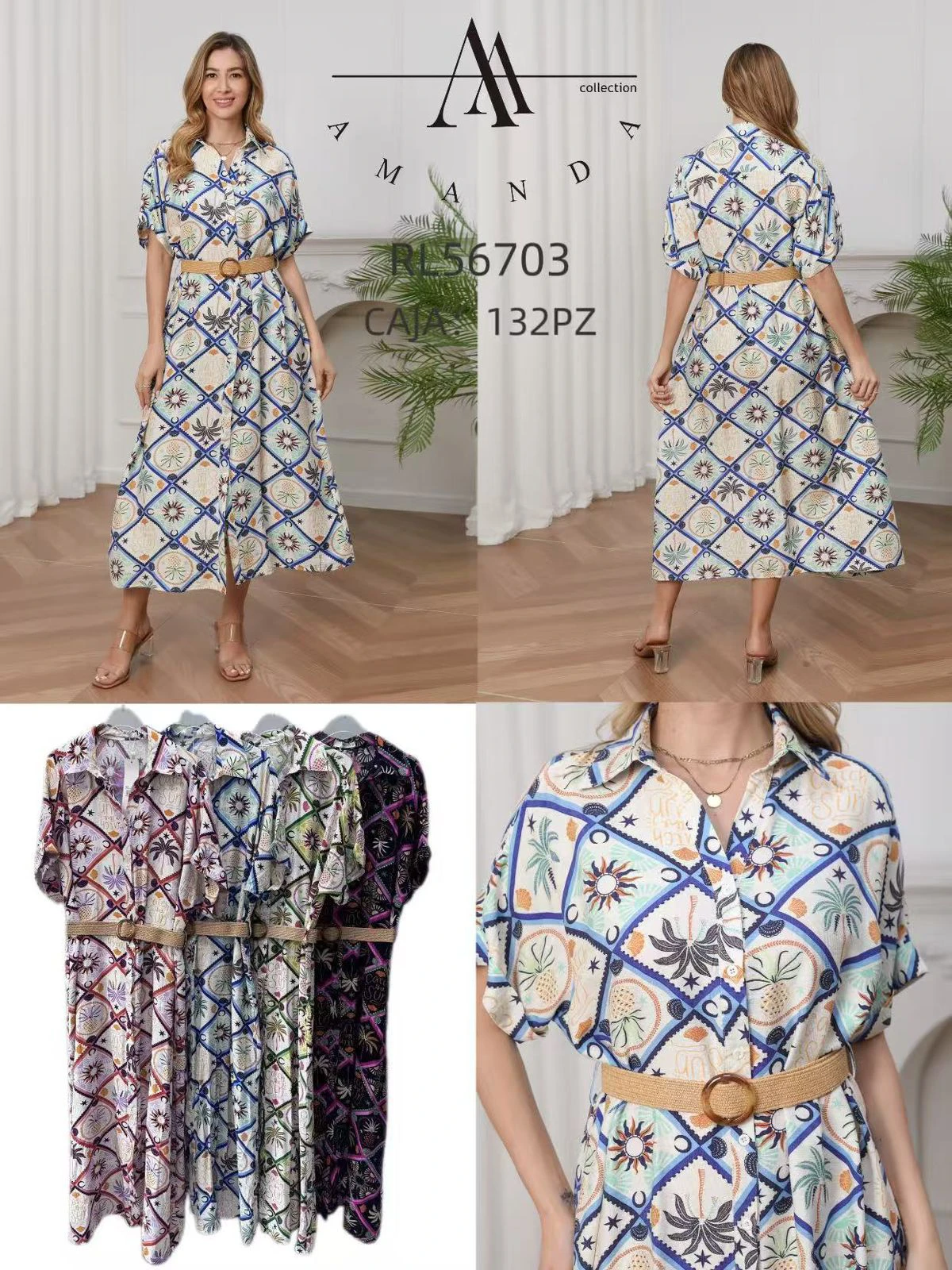 Vestido largo tipo camisa con cinturón y estampado tropical-RL56703