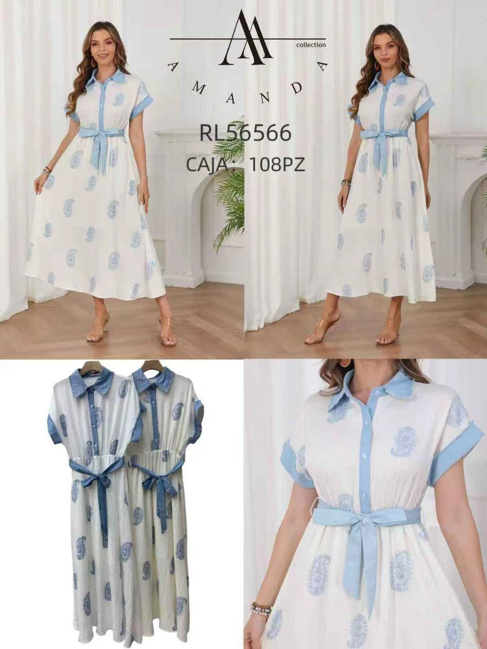 Vestido largo tipo camisa con estampado de paisley y cinturón-RL56566
