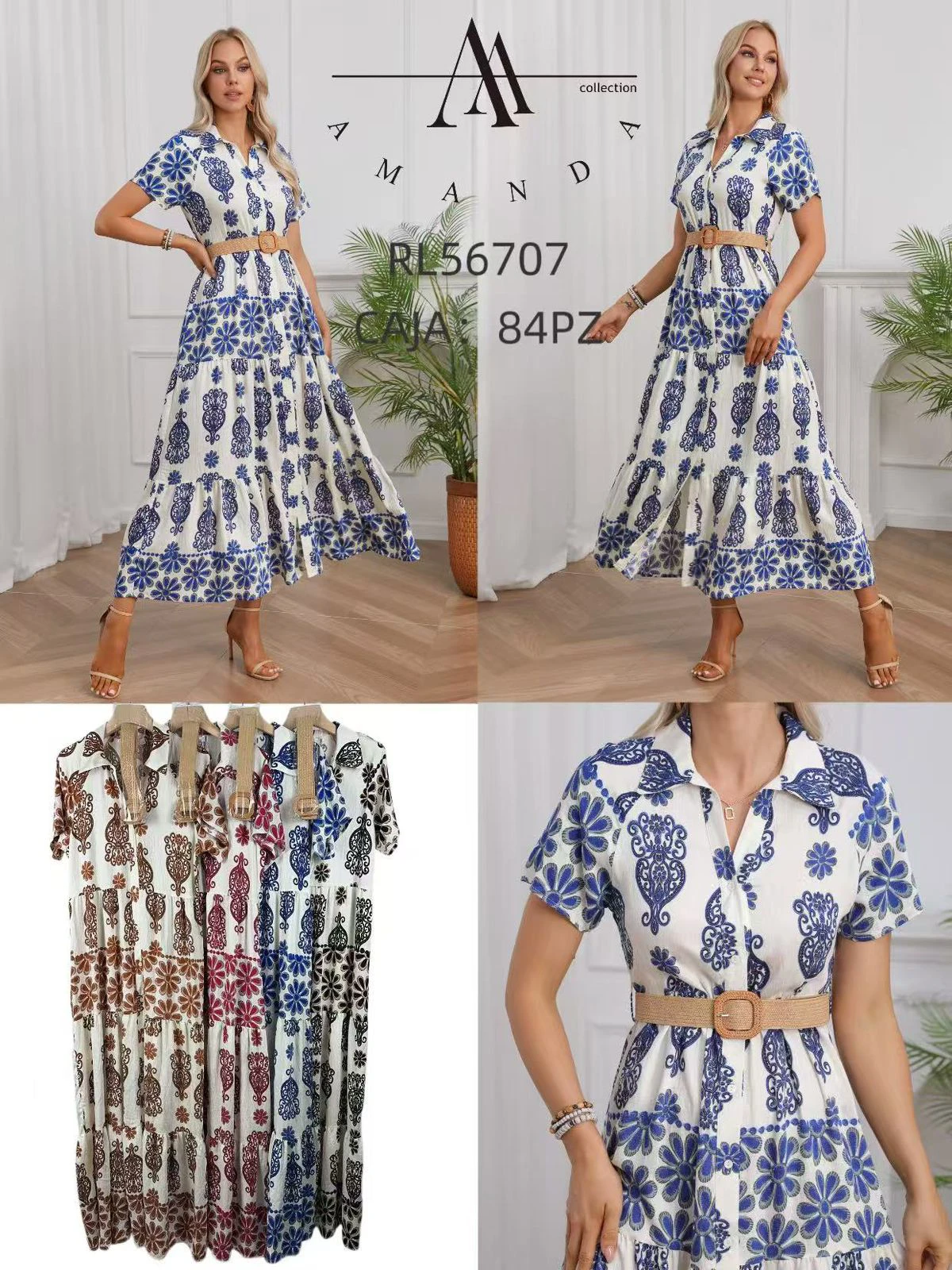 Vestido largo tipo camisa con estampado floral y faja de paja-RL56707