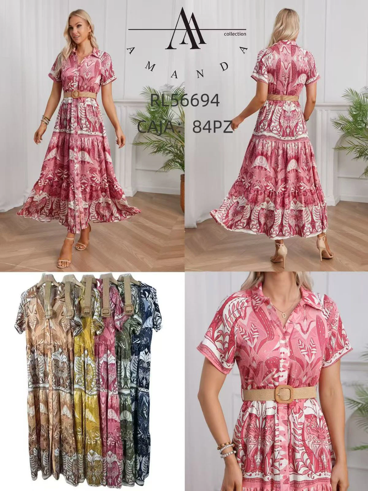 Vestido maxi camisero estampado con cinturón de rafia-RL56694