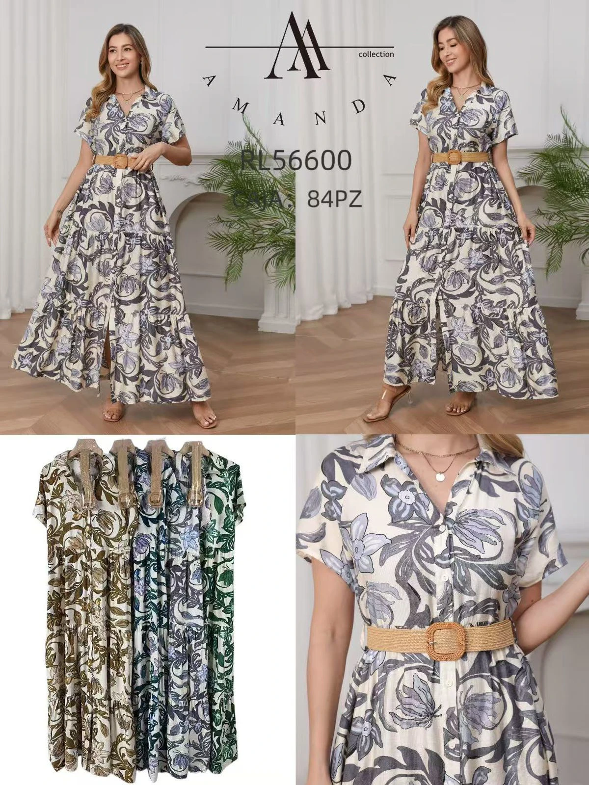 Vestido maxi estampado con cinturón de manga corta-RL56600