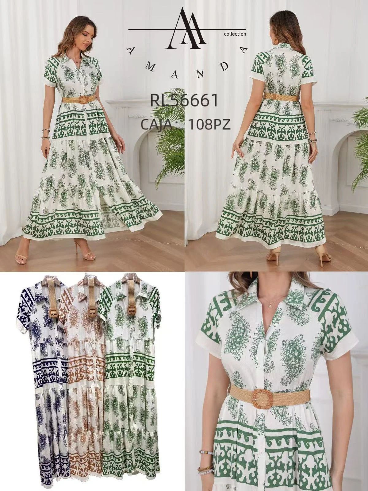 Vestido maxi estampado con cinturón de manga corta-RL56661