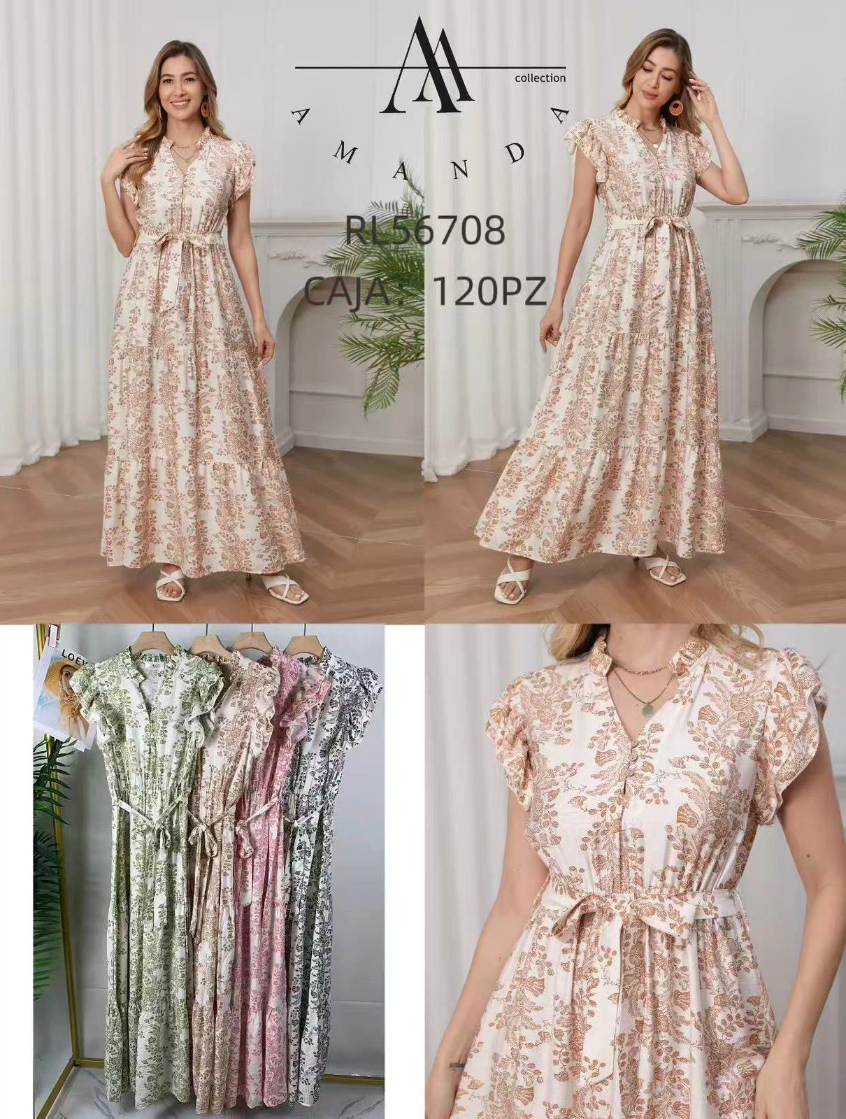 Vestido maxi estampado con cinturón-RL56708