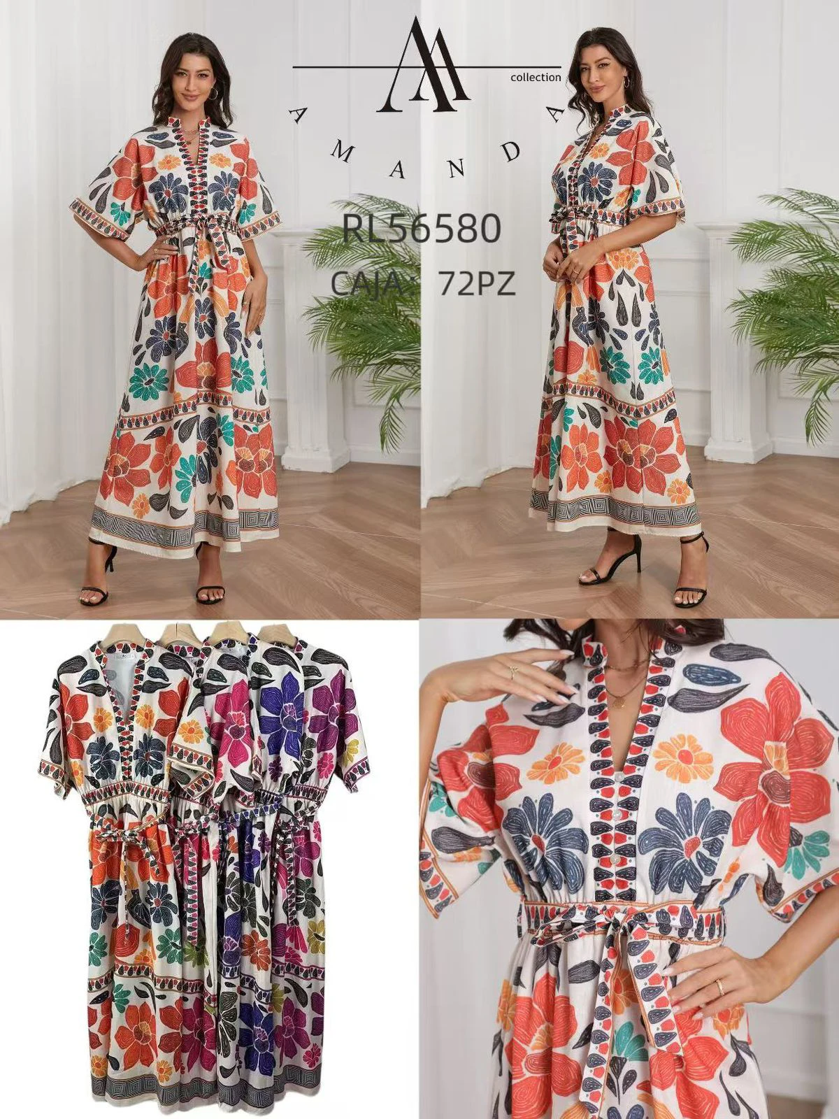 Vestido maxi floral con cinturón-RL56580