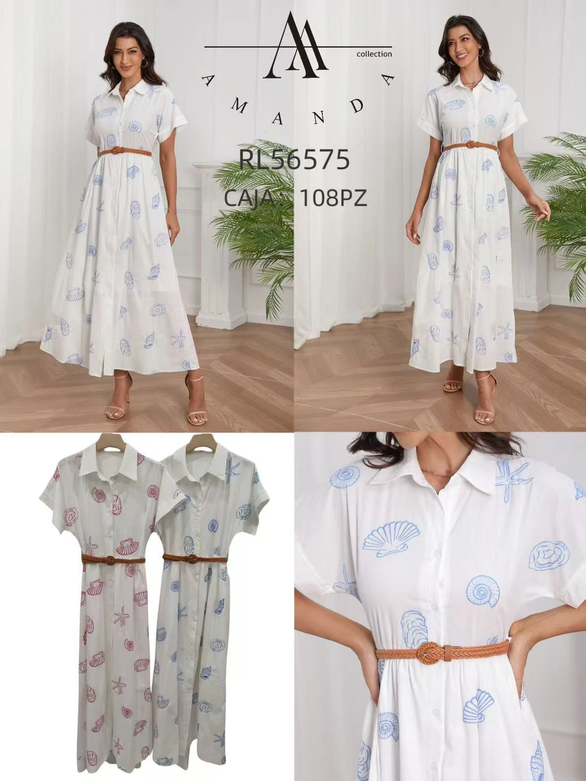 Vestido playero tipo camisa con estampado de conchas marinas-RL56575
