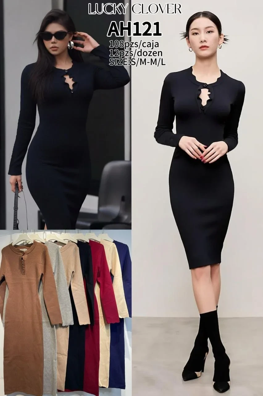 Vestido midi de punto con abertura frontal-AH121