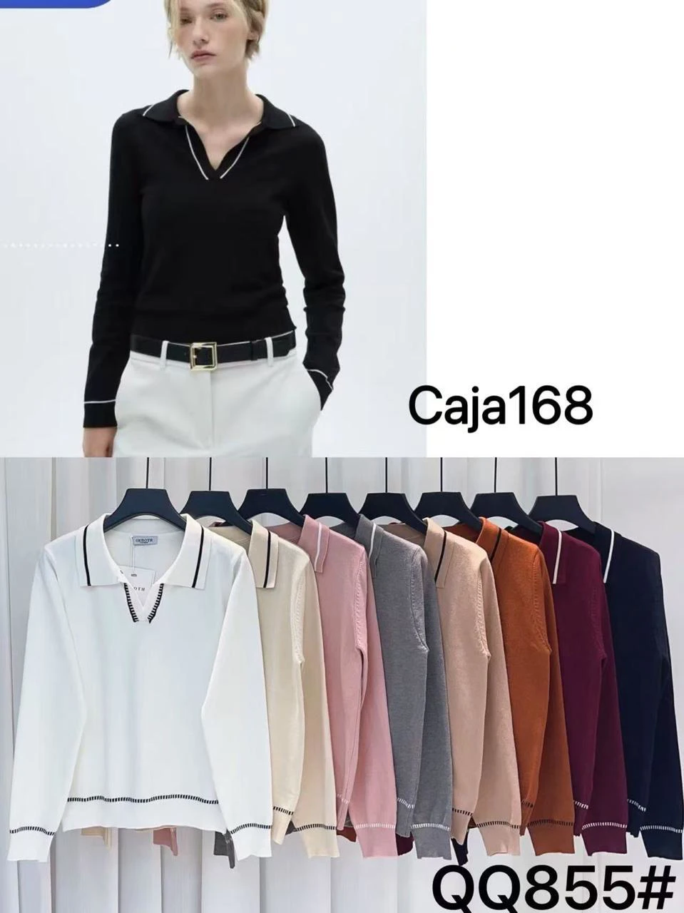 Suéter de manga larga con cuello tipo polo-QQ855