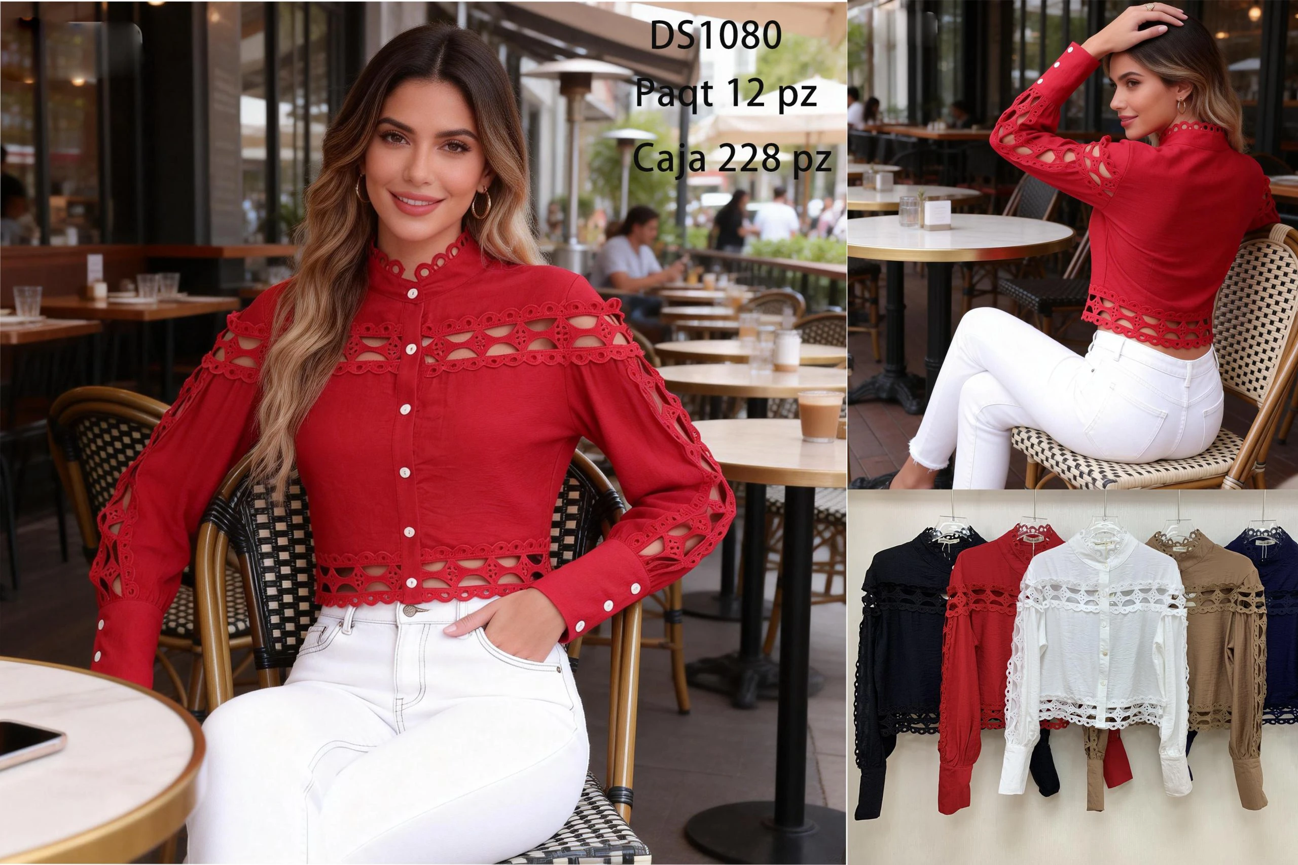 Blusa con cuello alto calado, mangas largas y detalles recortados-DS1080