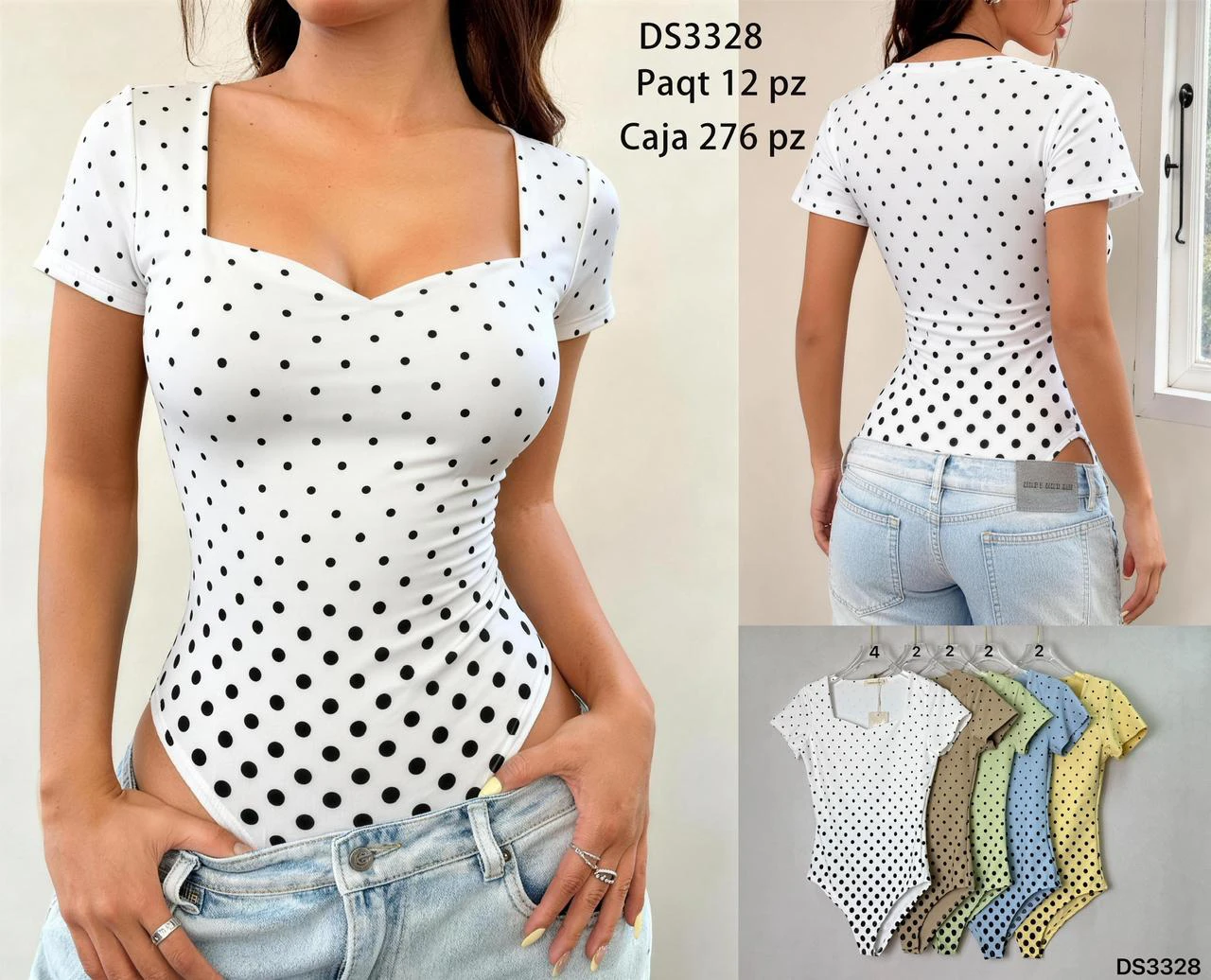 Body de Manga Corta con Cuello Cuadrado y Lunares-DS3328