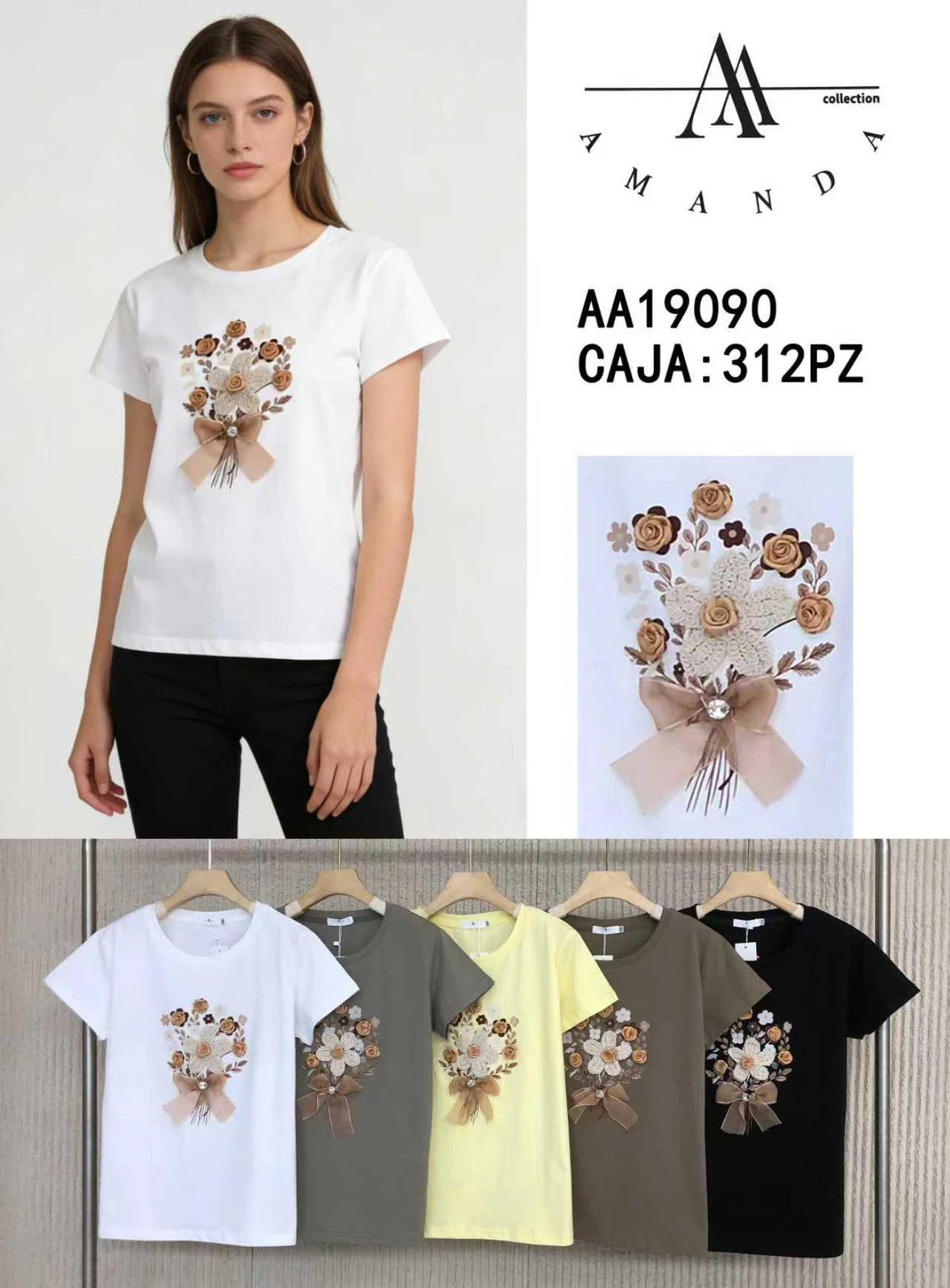 Playera de cuello redondo con estampado floral y lazo-AA19090