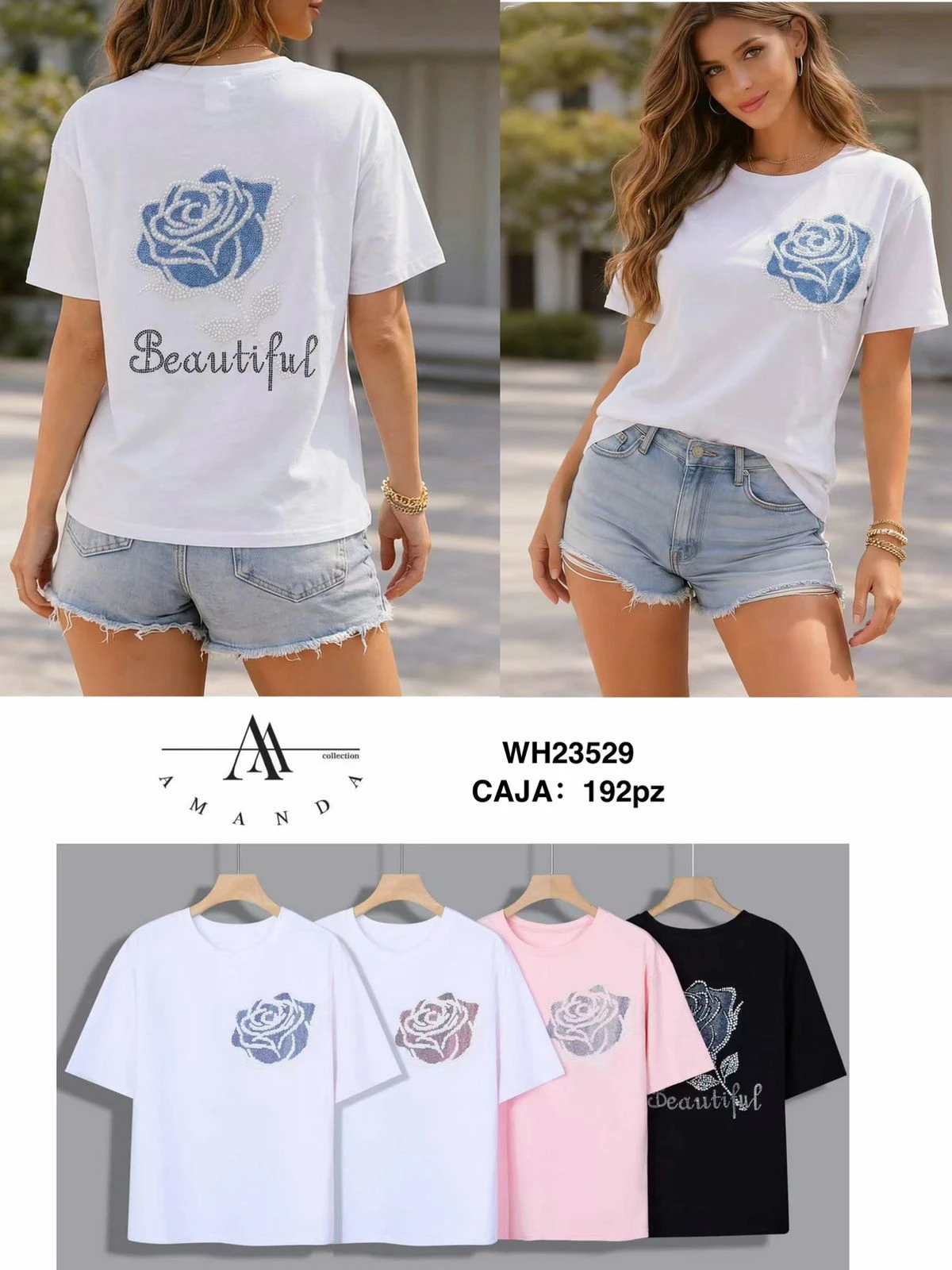 Playera de mujer con diseño de rosa de pedrería-WH23529