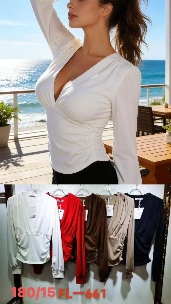 Blusa de manga larga con escote en V y fruncido-FL661