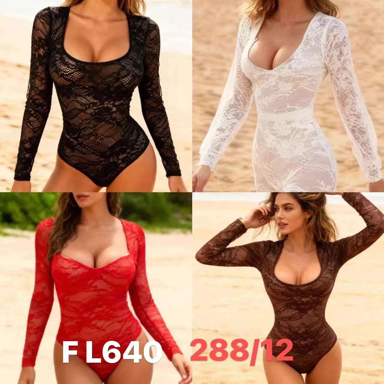 Body de encaje de manga larga-FL640