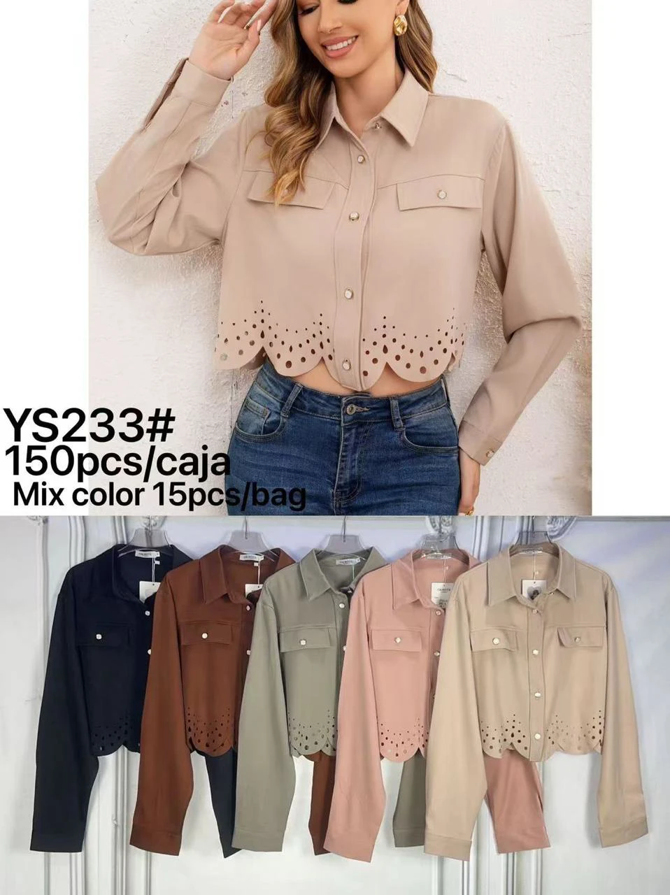 Camisa crop de manga larga con diseño calado-YS233