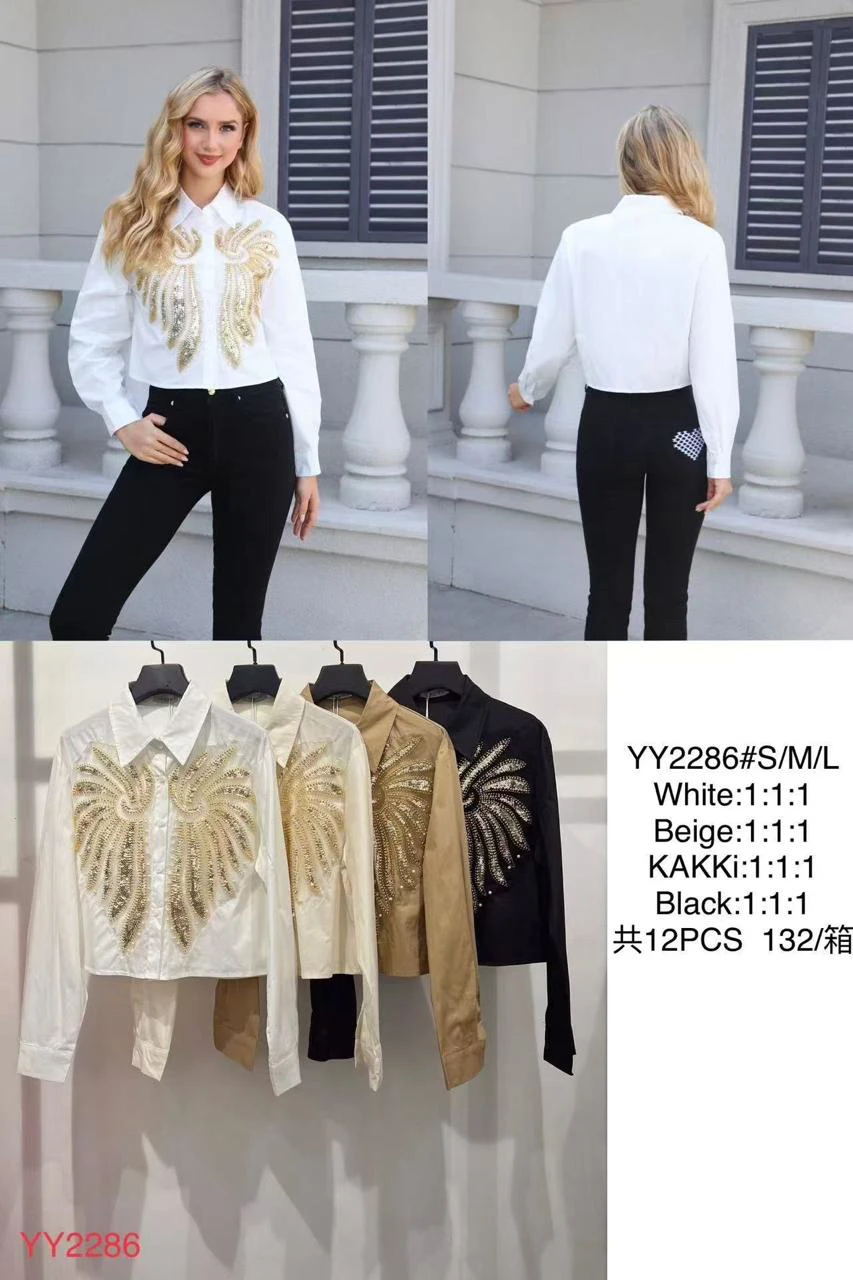 Camisa de manga larga con bordado de lentejuelas en forma de alas-YY2286