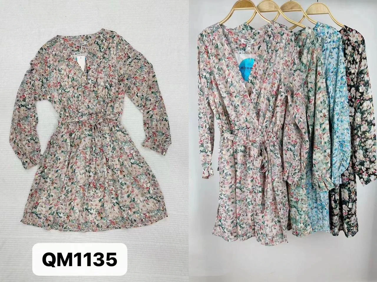 Vestido de mujer floreado con escote en V y cinto-QM1135