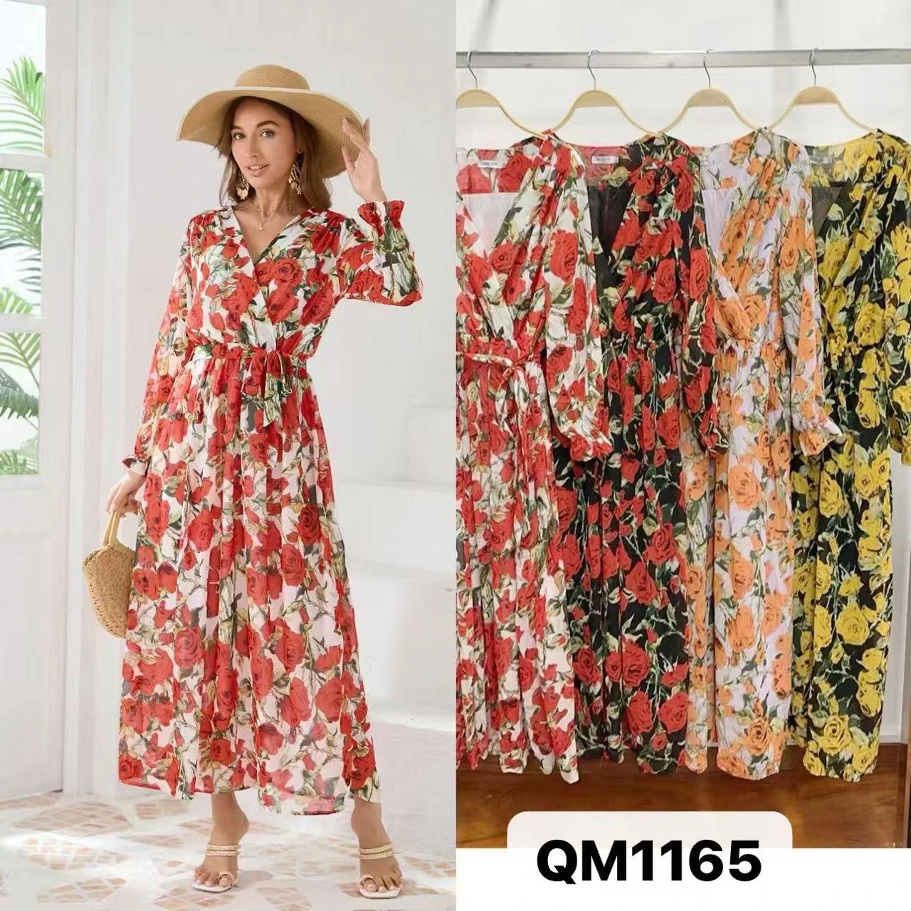 Vestido largo cruzado con estampado floral y manga larga-QM1165